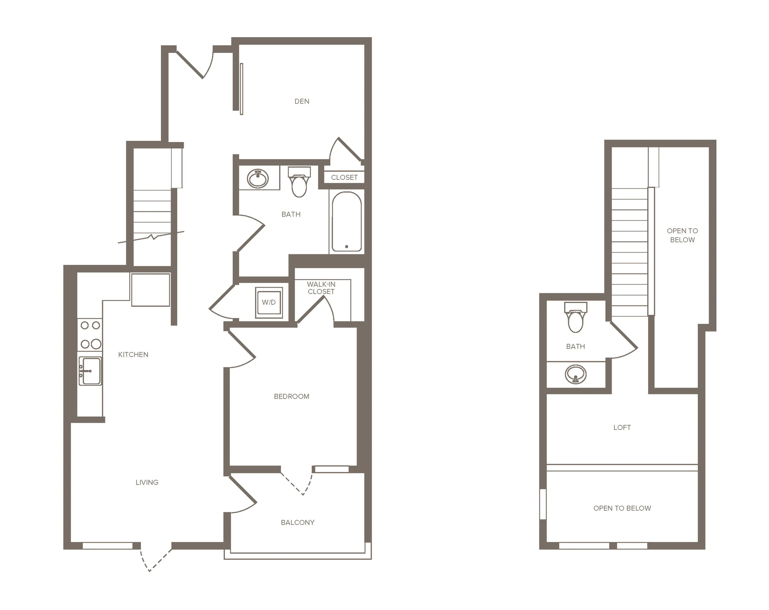 Chic two-level floor plan featuring a spacious bedroom with walk-in closet, cozy den, open-concept kitchen and living area, balcony, and a stylish loft area.