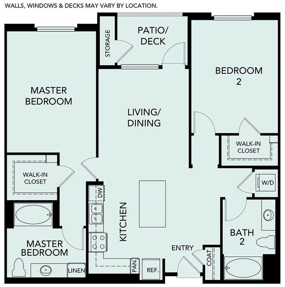 Modern apartment floor plan with 2 bedrooms, spacious living and dining area, open kitchen, and a patio deck. Includes two walk-in closets and convenient in-unit laundry.