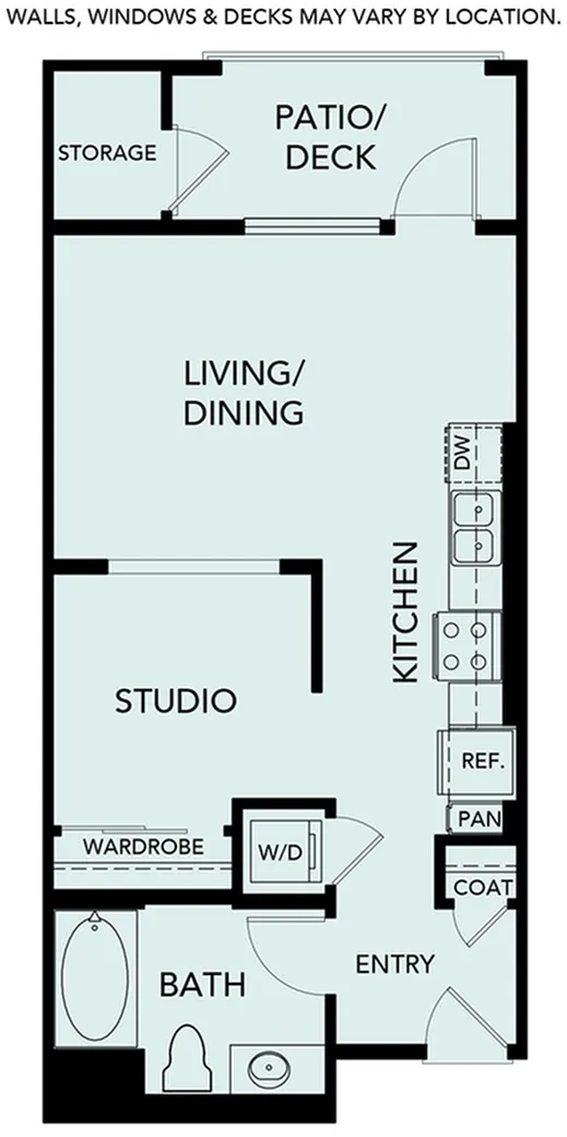 Contemporary studio apartment floor plan featuring open living and dining area, modern kitchen, cozy patio deck, and sleek bathroom.