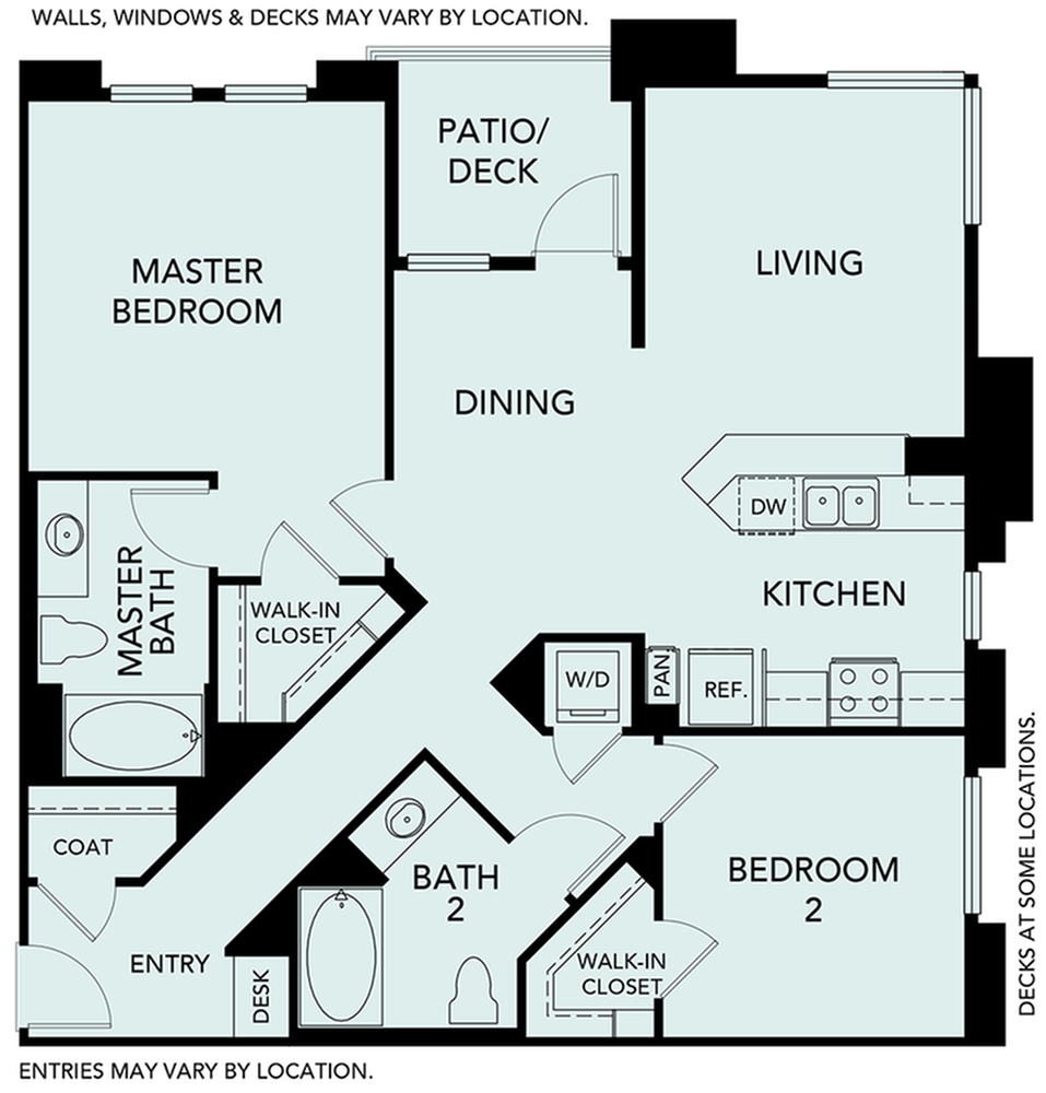 Spacious floor plan with two bedrooms, open living and dining areas, modern kitchen, two luxurious bathrooms, and a private patio.