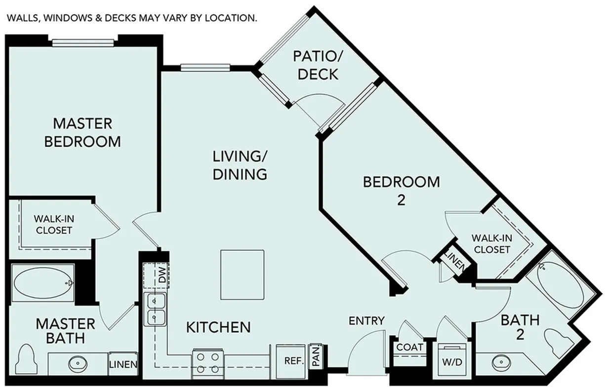 Spacious floor plan showcasing 2 elegant bedrooms, large living/dining area, modern kitchen, 2 luxurious baths, and a private patio/deck.