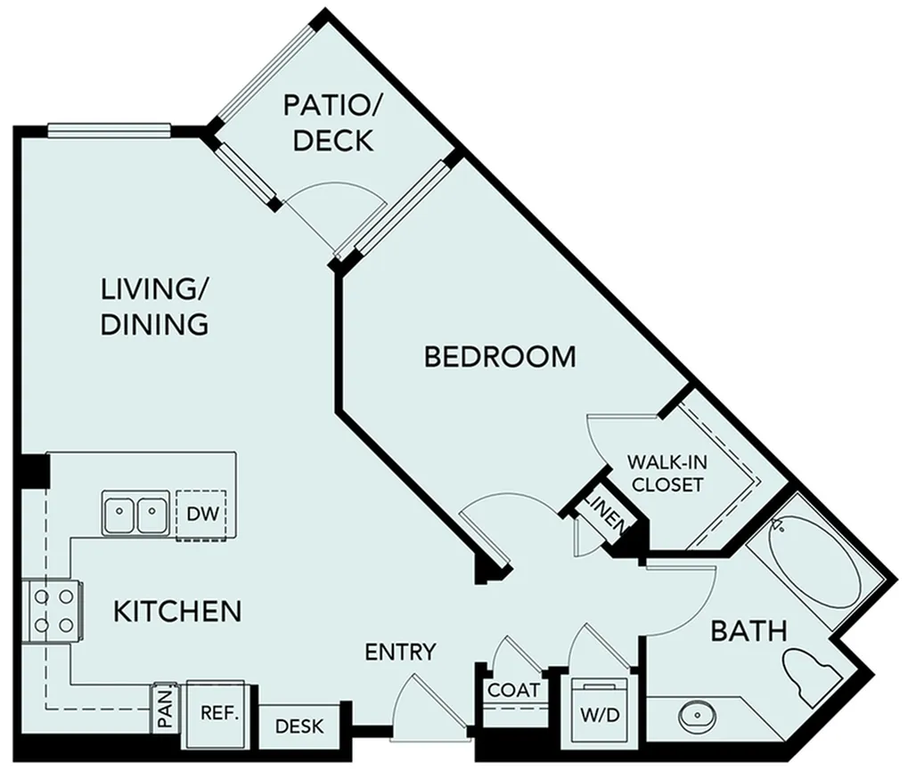 Modern 1-bedroom floor plan with open living/dining area, stylish kitchen, spacious patio, and convenient walk-in closet in a charming layout.