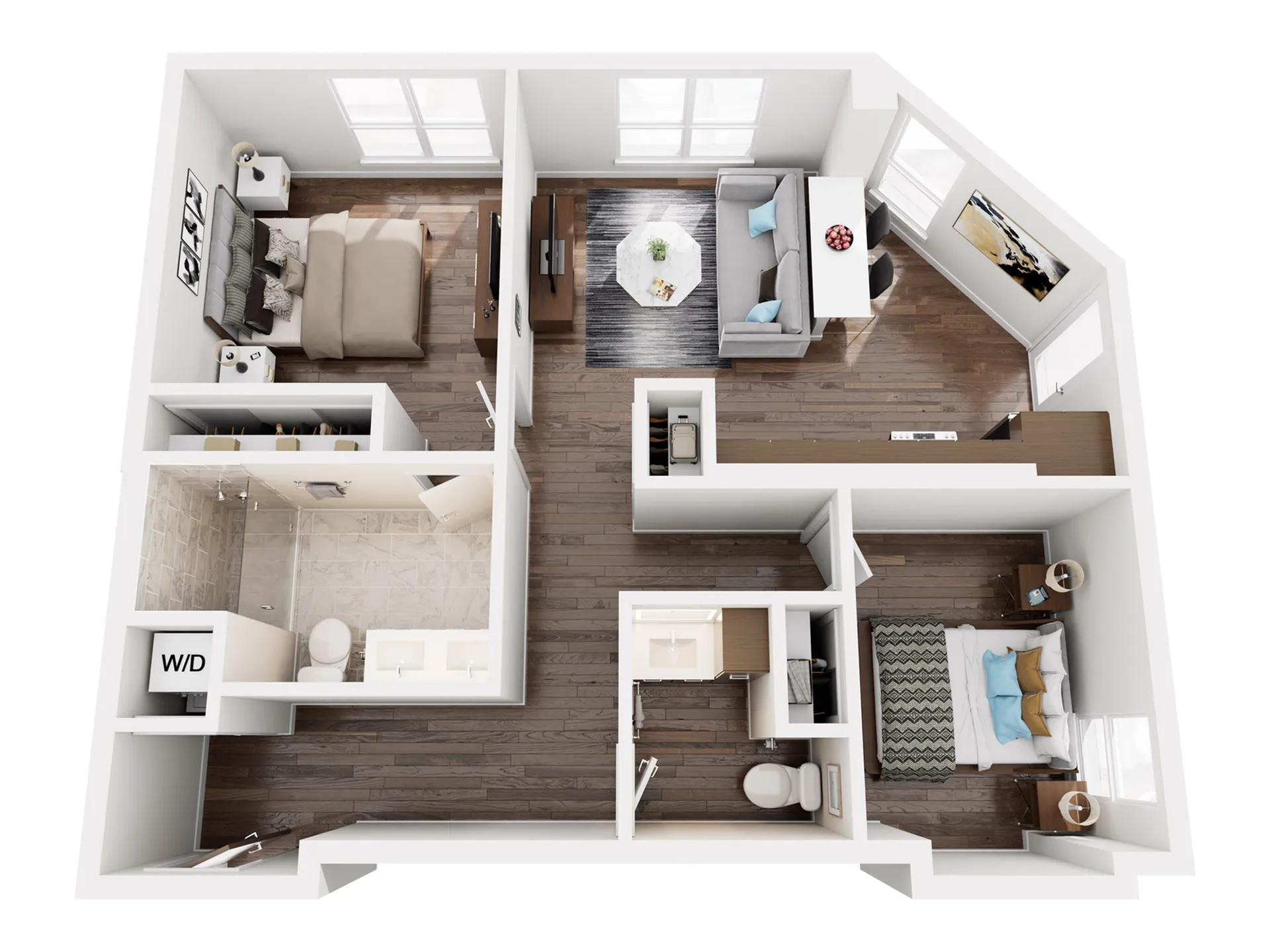 Sophisticated 3D floor plan depicting 2 bedrooms, a sleek living room, and a modern kitchen with ample natural light.