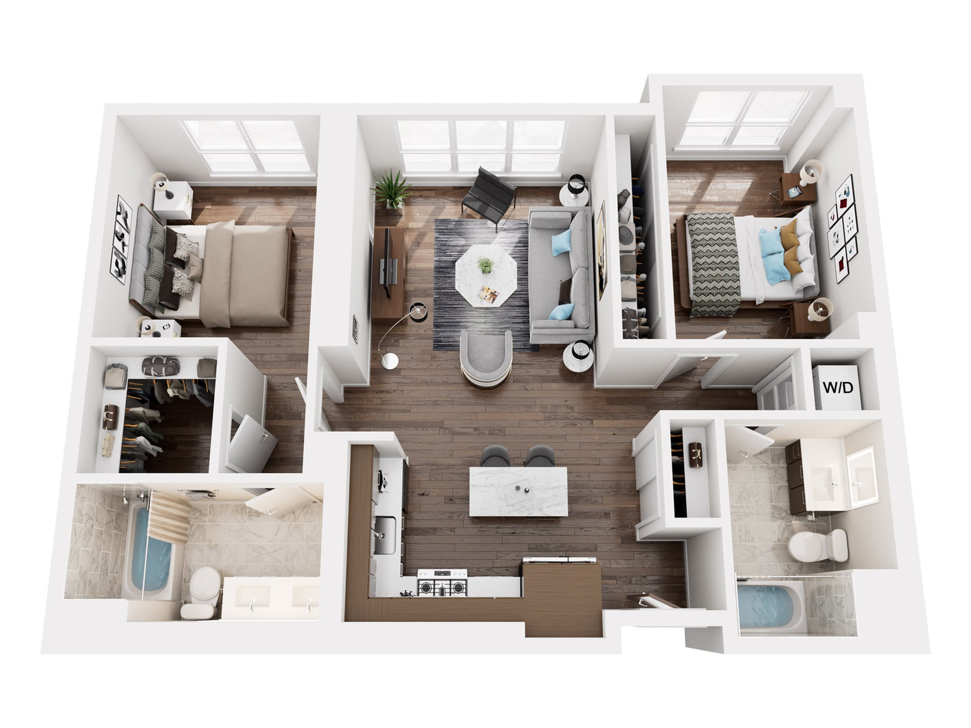 3D floor plan of a two-bedroom apartment showcasing an open living area, stylish kitchen, and modern bathrooms.