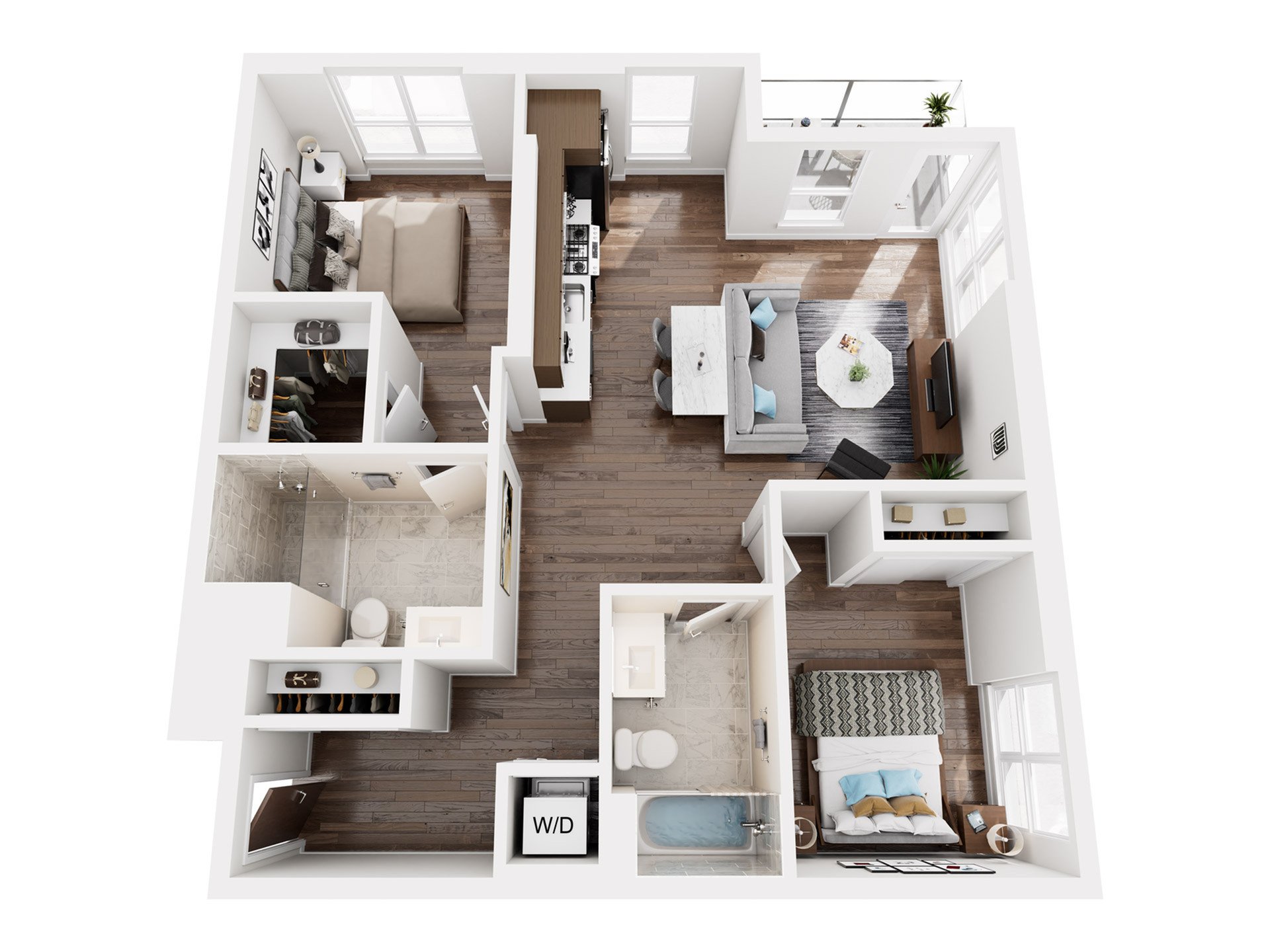 3D floor plan illustrating 2 bedrooms, a modern living room, and a sleek open kitchen.
