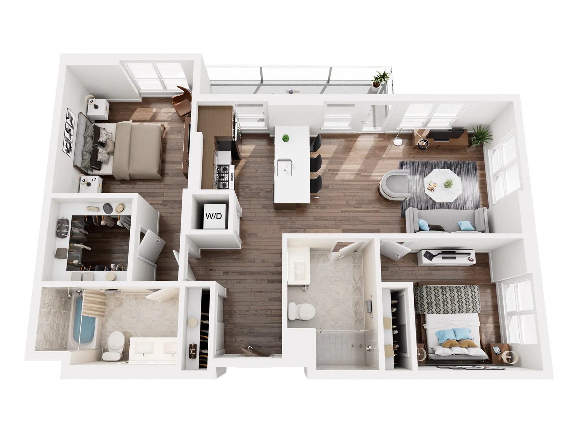 3D floor plan showcasing 2 cozy bedrooms, an open living area, modern kitchen, and stylish bathrooms.
