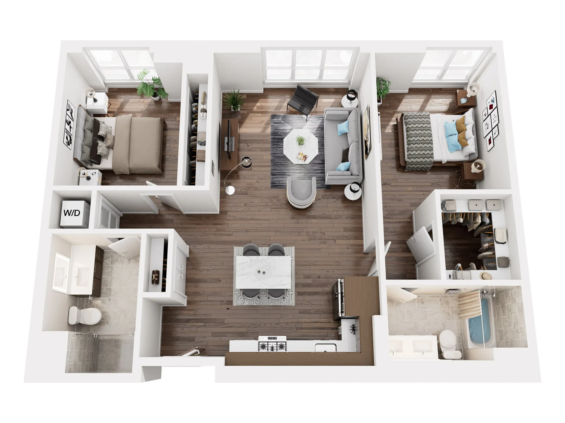Contemporary 3D floor plan with 2 bedrooms, open living space, and modern kitchen.