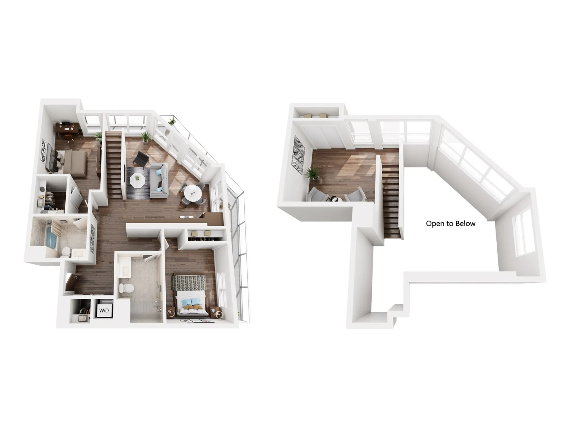 Contemporary 3D duplex floor plan with open concept living area, two bedrooms, and a stylish loft space.