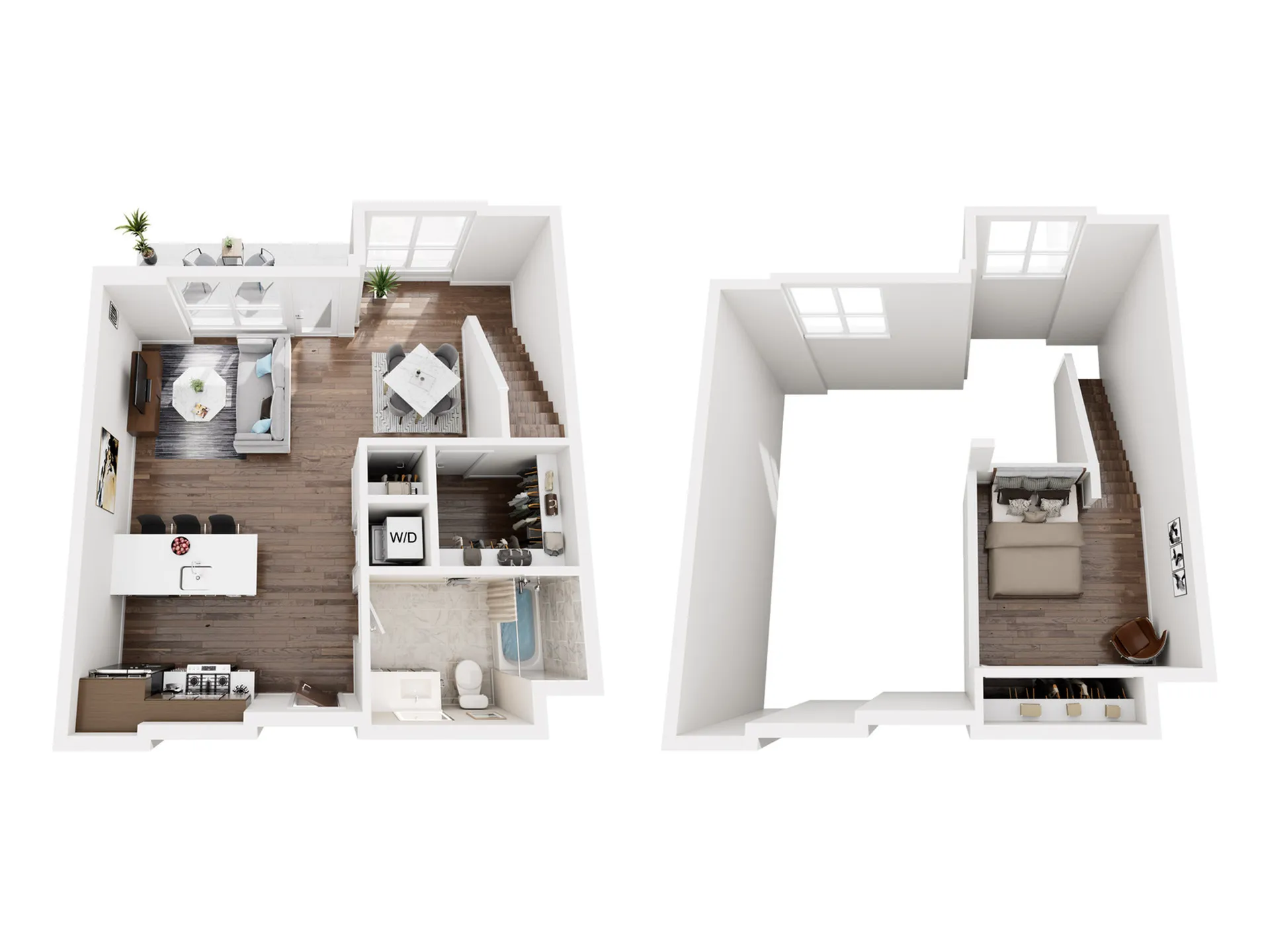Elegant floor plan of a duplex with spacious living area, modern kitchen, and cozy bedroom upstairs.