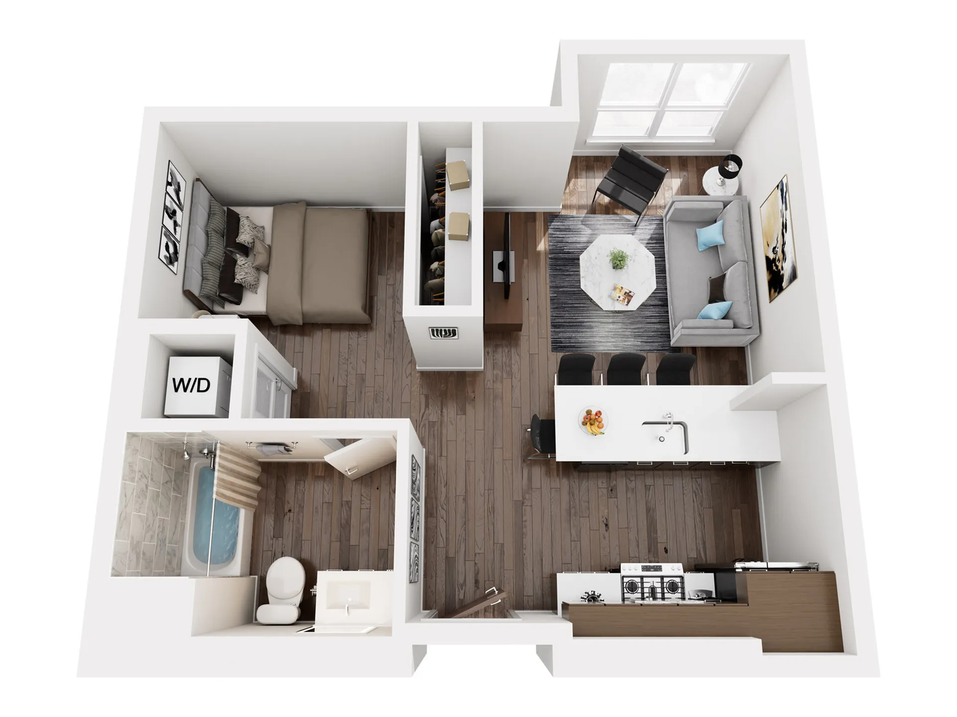 Contemporary one-bedroom floor plan featuring a spacious living area, modern kitchen, and elegant bathroom.