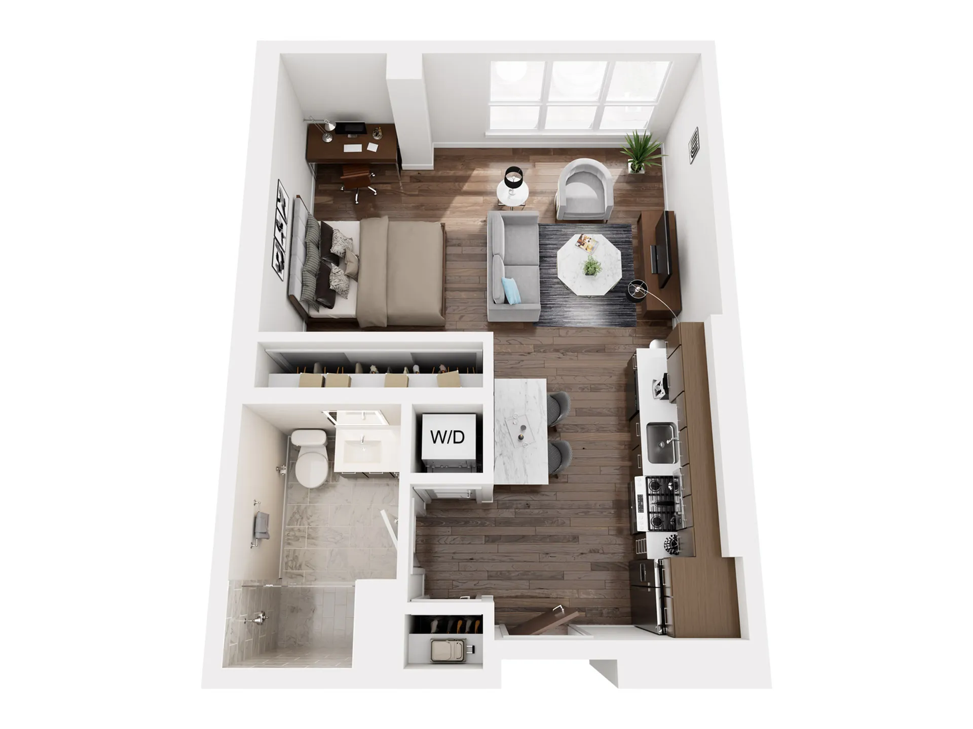 Elegant floor plan of a studio suite featuring an integrated kitchen, cozy living area, and a spacious bathroom.