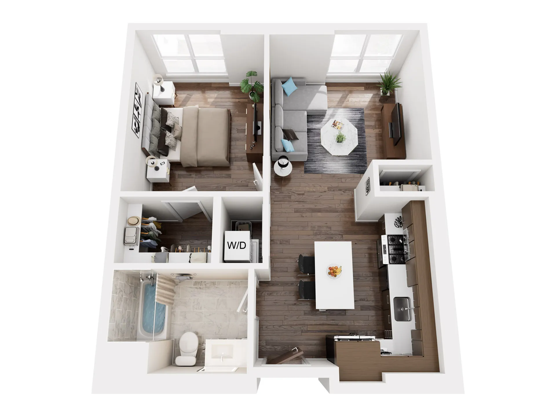 Elegant 3D floor plan showcasing a cozy 1-bedroom apartment with open-plan kitchen and living area, modern bathroom, and convenient laundry space.