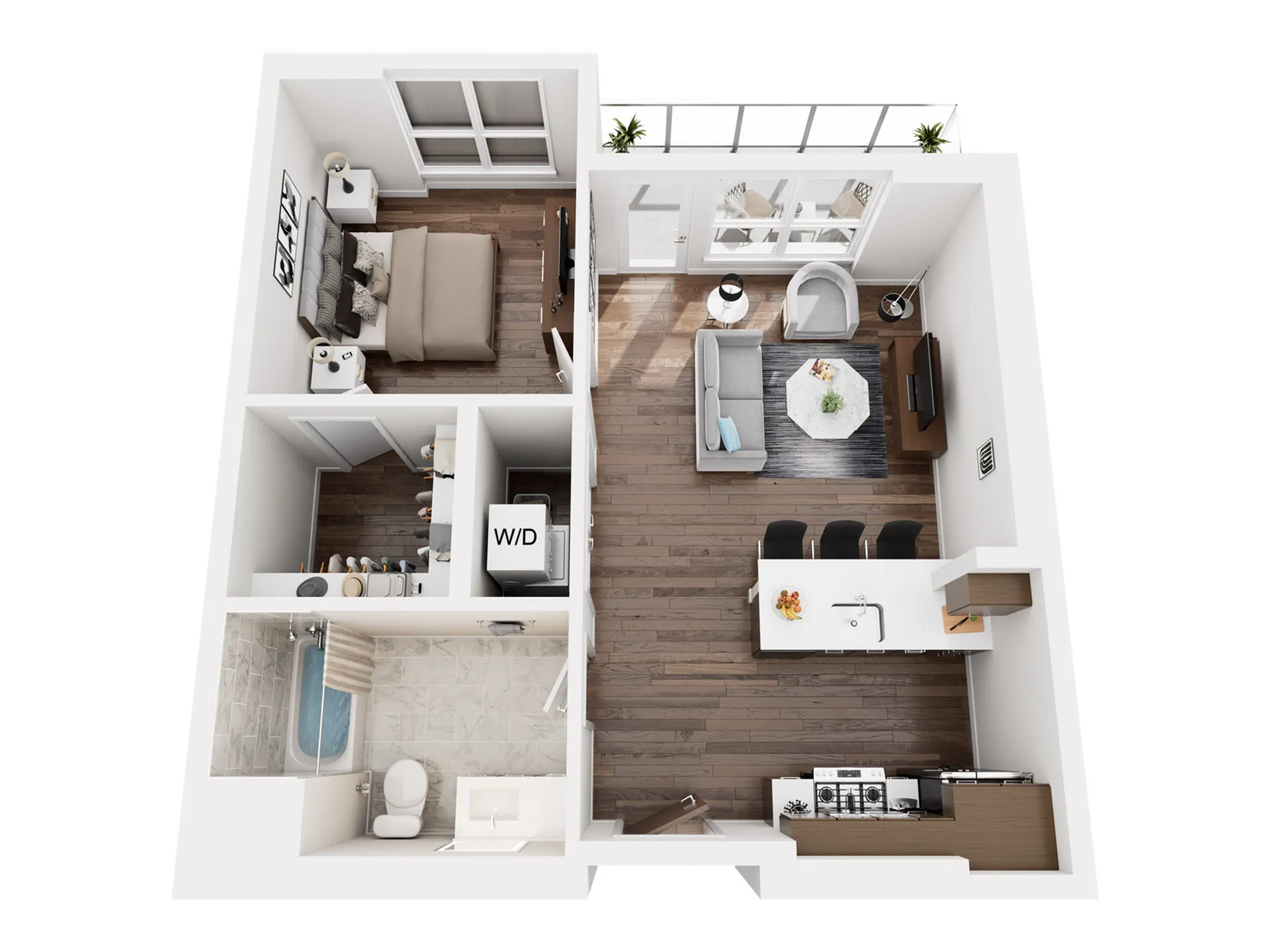 Modern 3D floor plan featuring 1 bedroom, open-concept living and dining area, and sleek kitchen.