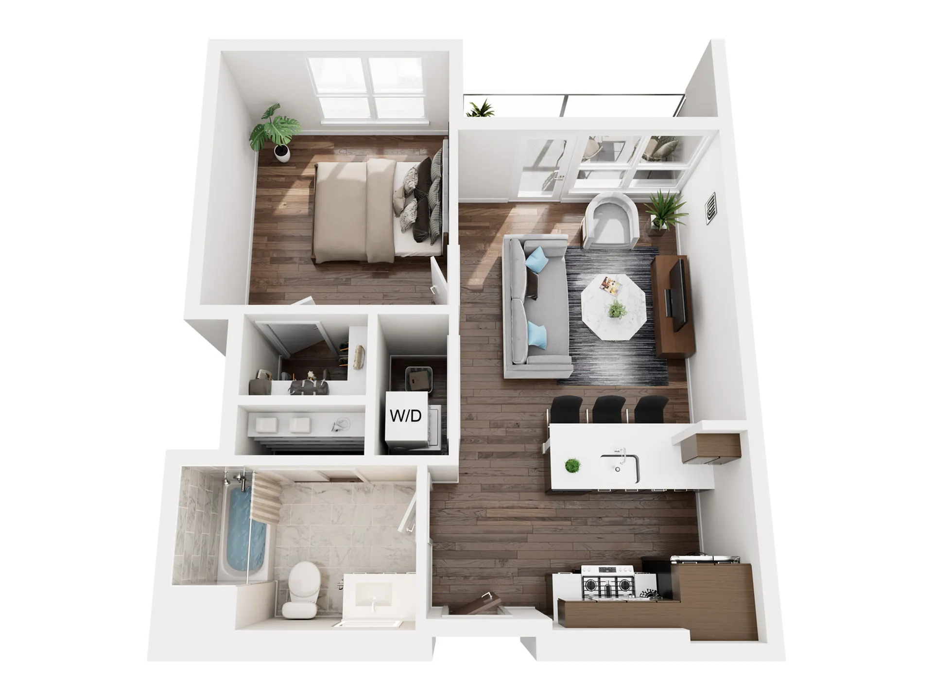 Elegant 3D floor plan featuring 1 bedroom, modern living area, and sleek kitchen.
