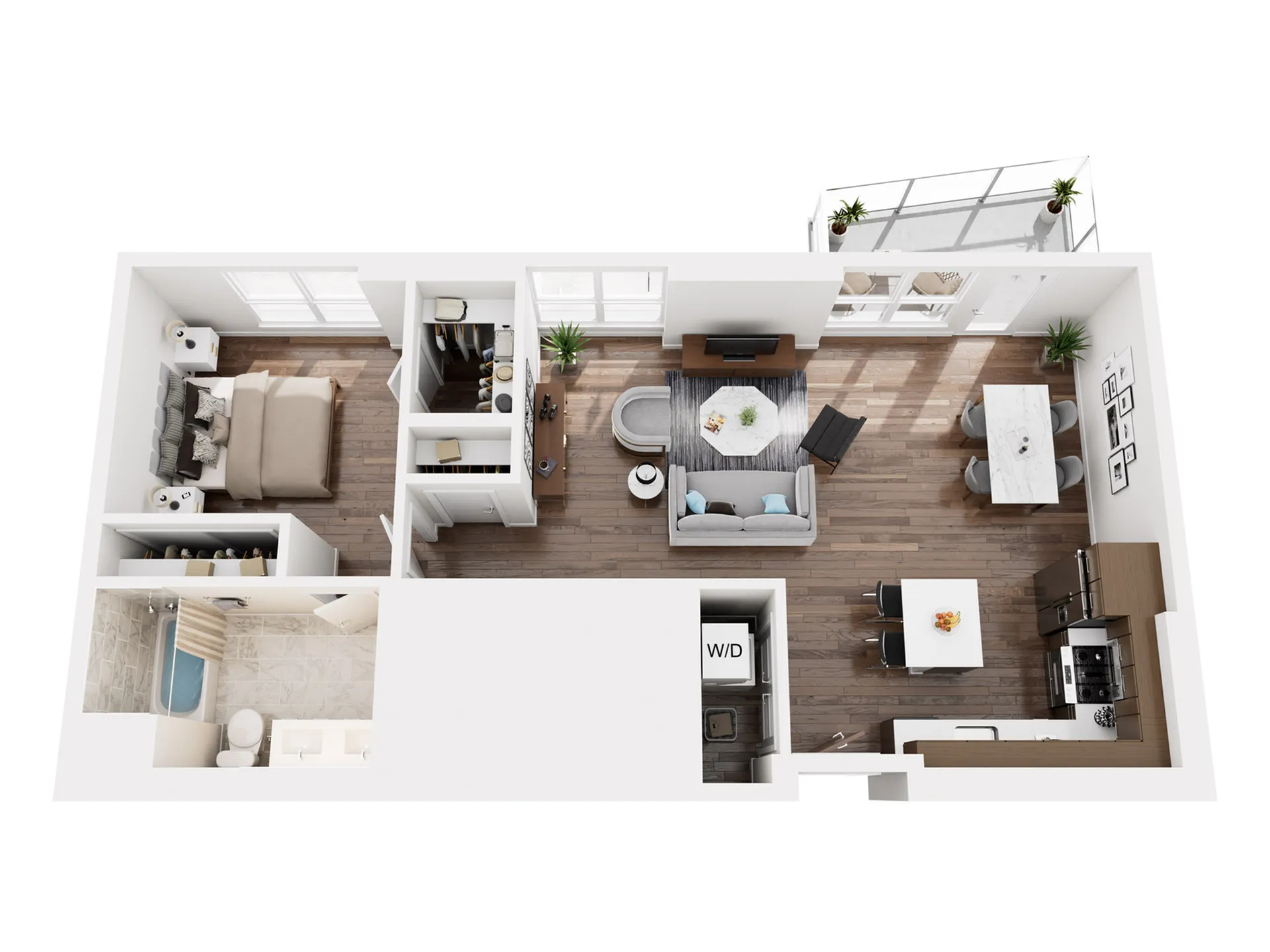 Contemporary 1-bedroom apartment floor plan with open living space, modern kitchen, and elegant bathroom.
