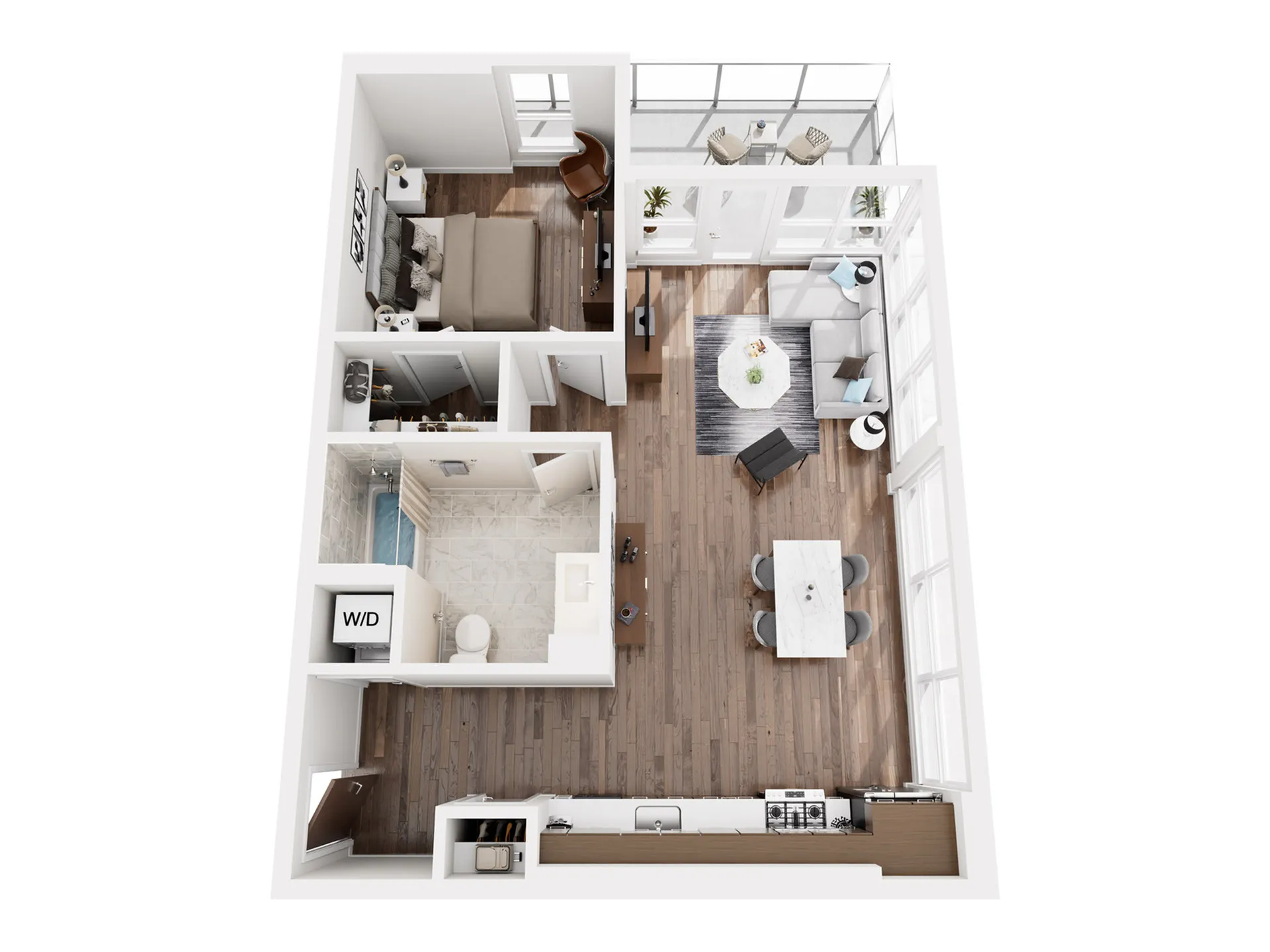 Bright 2D floor plan featuring 1 bedroom, an open living area with balcony, and a modern kitchen.