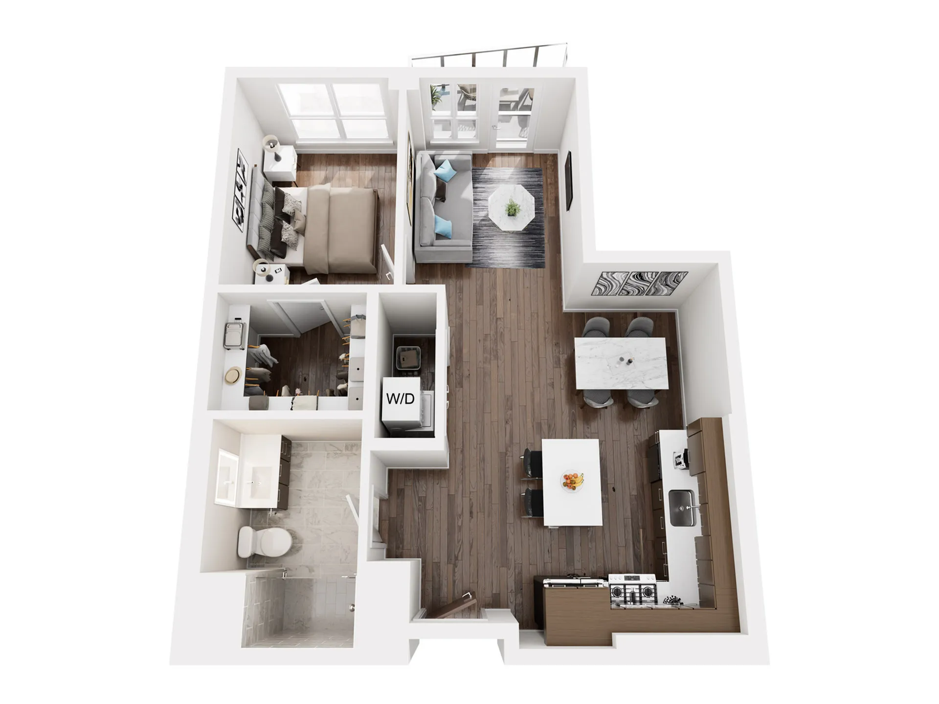Elegant floor plan displaying one bedroom, an open living room, and a modern kitchen with a dining area.