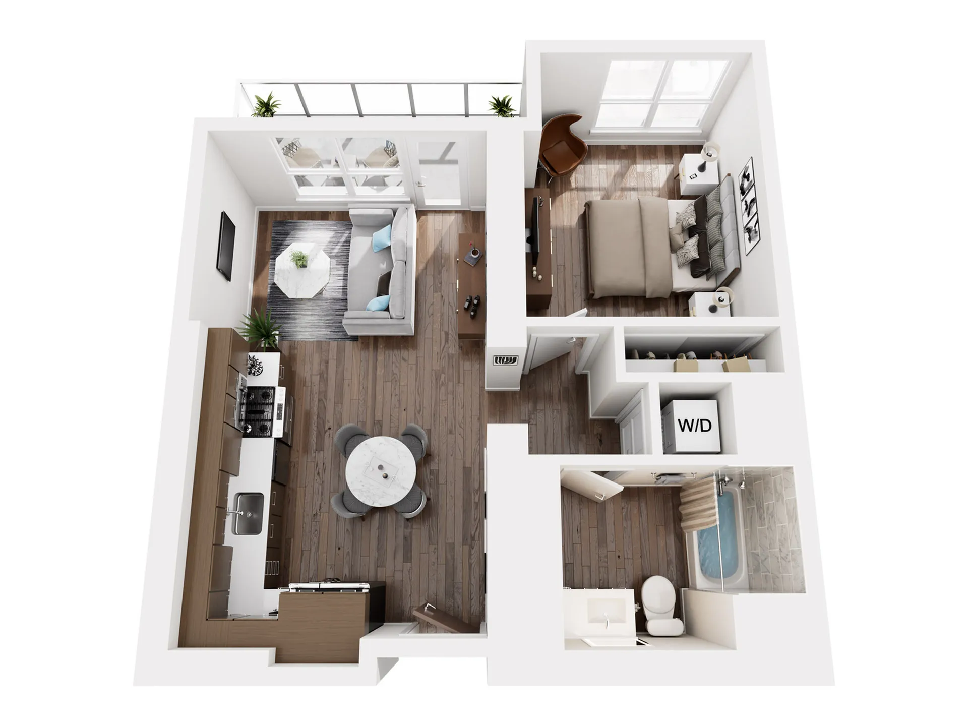 Elegant 3D floor plan highlighting 1 bedroom, open living-kitchen area, bathroom, and in-unit laundry.