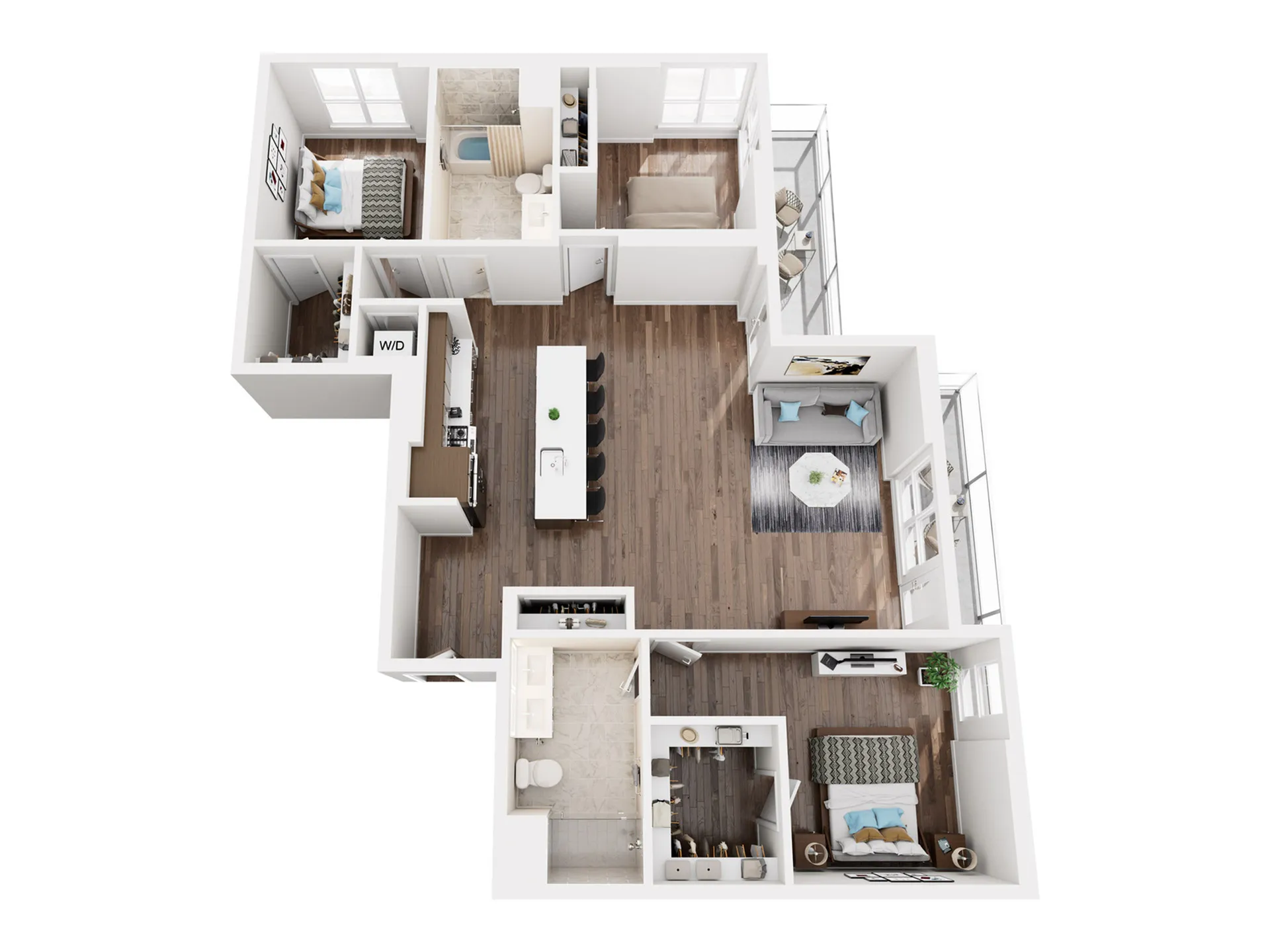 Chic 3D floor plan of a two-bedroom apartment with open kitchen and cozy living room.