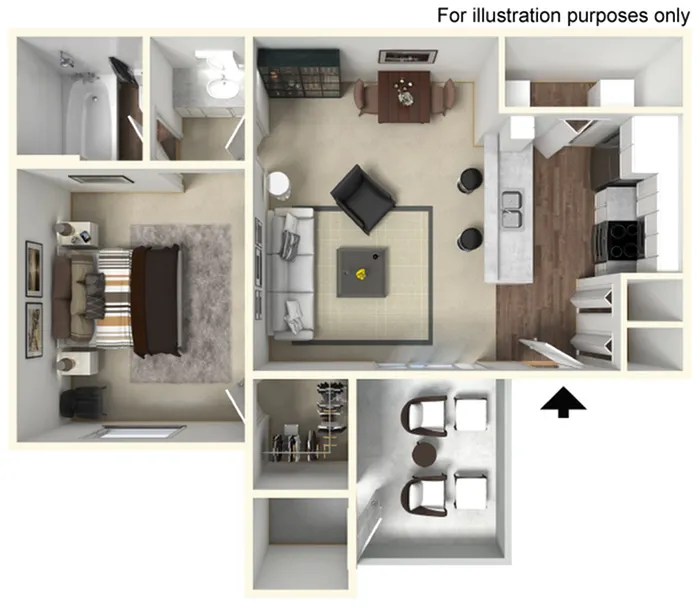 3D floor plan showcasing a cozy one-bedroom apartment with a living room, modern kitchen, bathroom, and storage area.