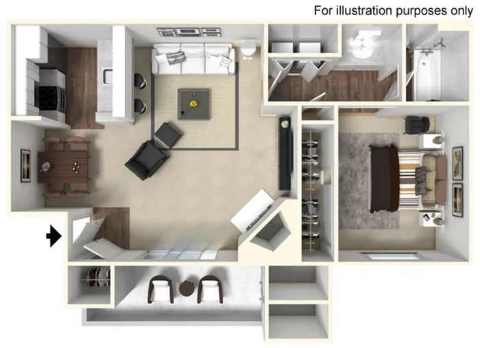 3D floor plan featuring 1 bedroom, a spacious living room, a modern kitchen, a dining area, and a bathroom.