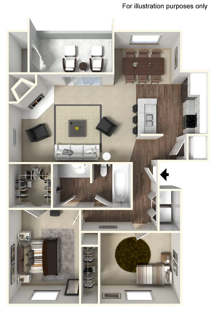 3D floor plan showing 2 bedrooms, open-concept living room, and modern kitchen.