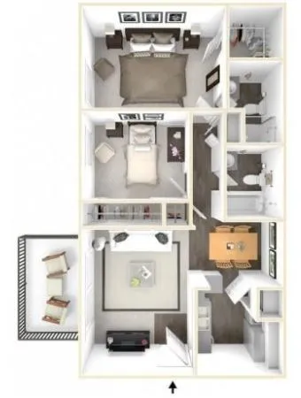 Inviting floor plan showcasing 2 bedrooms, an elegant living area, modern kitchen, and 2 bathrooms, optimized for comfort and style.