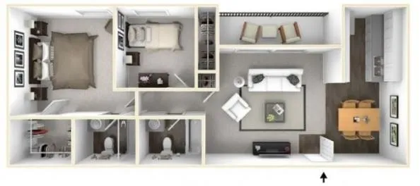 Elegant 3D floor plan showcasing 2 spacious bedrooms, modern bathrooms, a cozy living room, and a stylish dining area with an open kitchen layout.