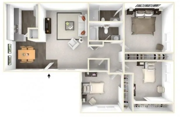 Contemporary floor plan featuring 3 elegant bedrooms, modern kitchen, inviting living room, and two stylish bathrooms.
