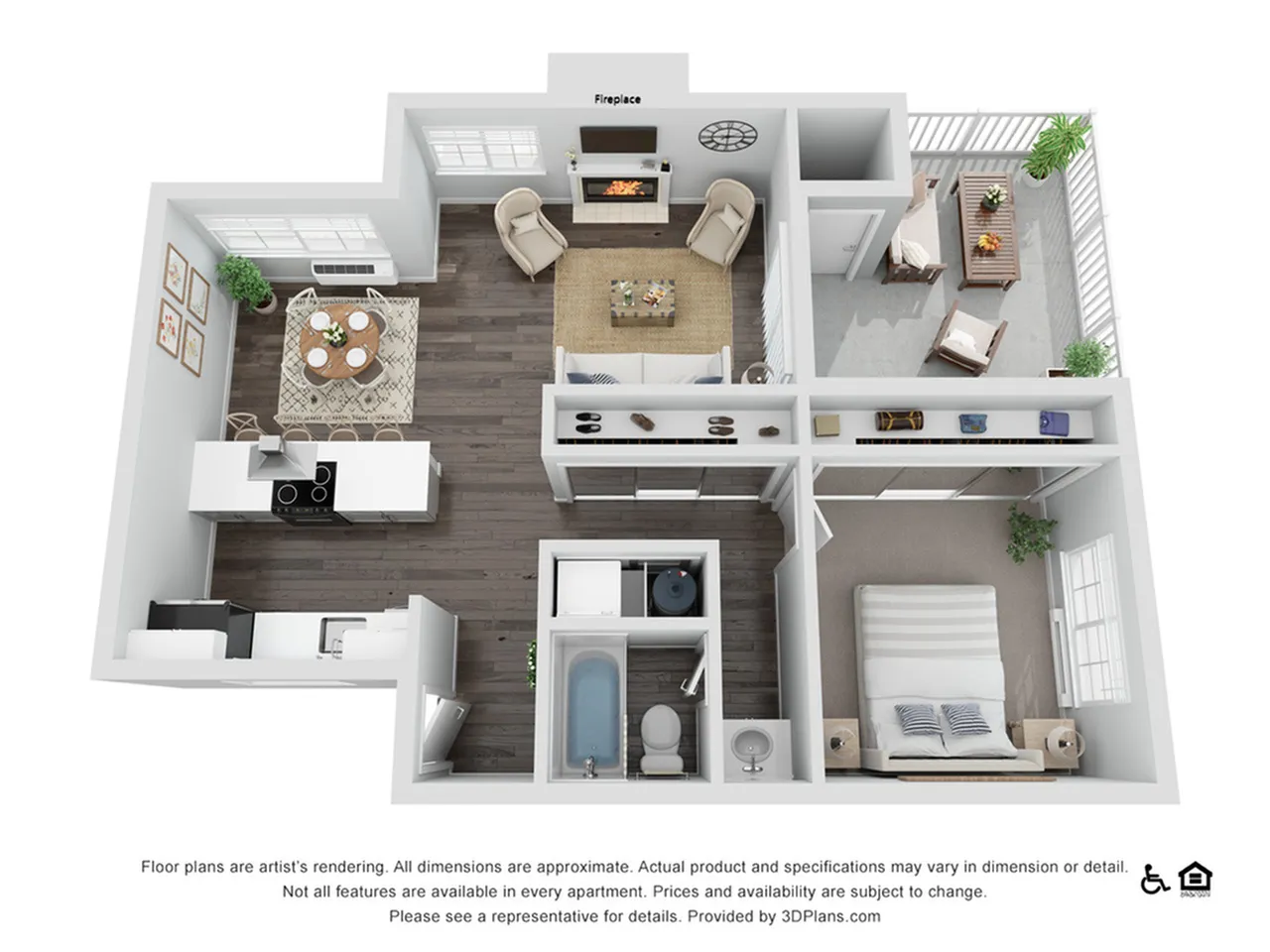 Elegant 3D floor plan showcasing a cozy 1-bedroom apartment with a spacious living area, modern kitchen, intimate dining space, and a private balcony.