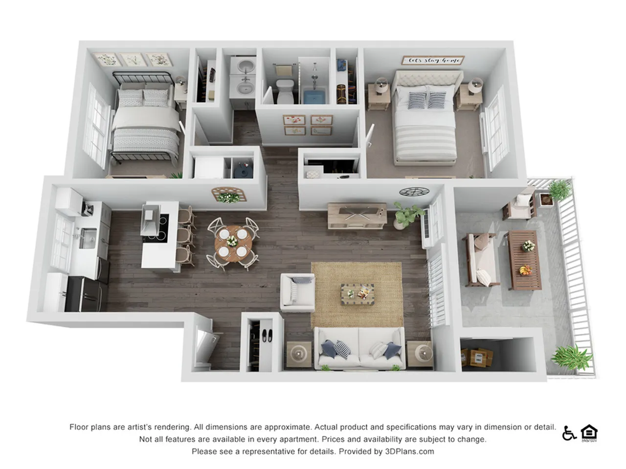 Chic 3D floor plan showcasing 2 bedrooms, open kitchen with island seating, cozy living room, and private balcony in a modern, inviting layout.