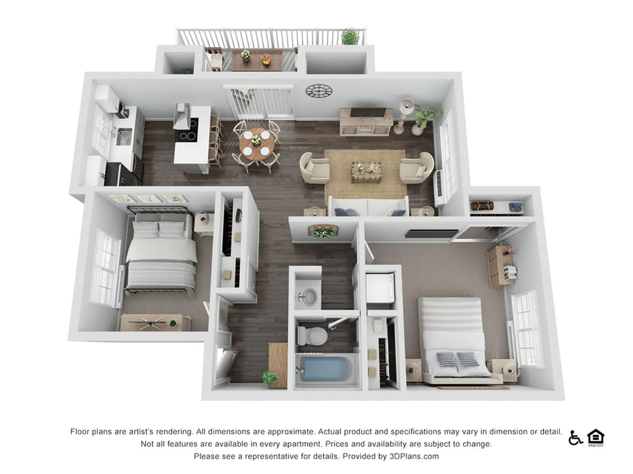 Modern 3D floor plan featuring 2 bedrooms, open-plan kitchen and dining area, cozy living space, and a welcoming balcony.