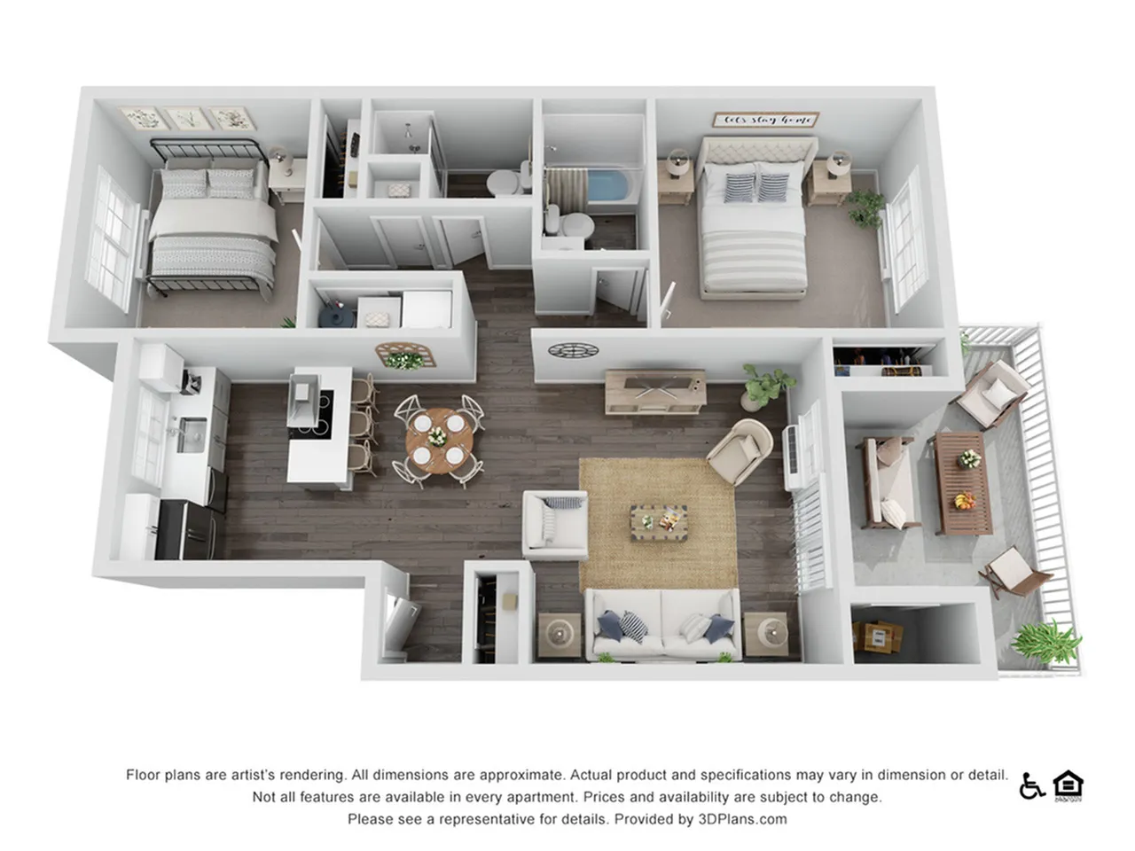 Contemporary 3D floor plan showcasing 2 spacious bedrooms, elegant open-concept living and dining area, modern kitchen, and inviting balcony for relaxation.
