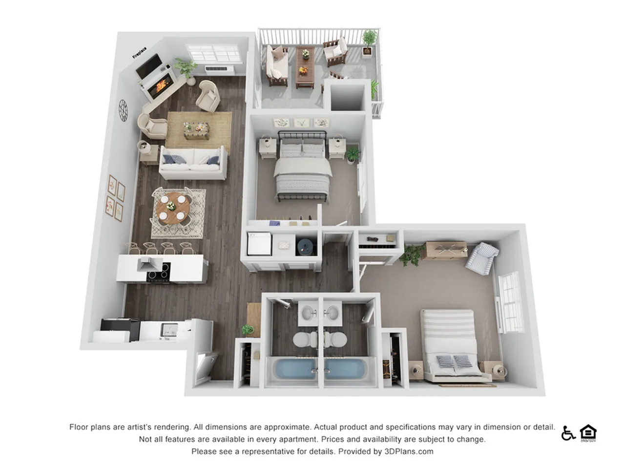 Charming 3D floor plan featuring 2 bedrooms, cozy living room with a fireplace, elegant dining area, modern kitchen, and a private balcony.
