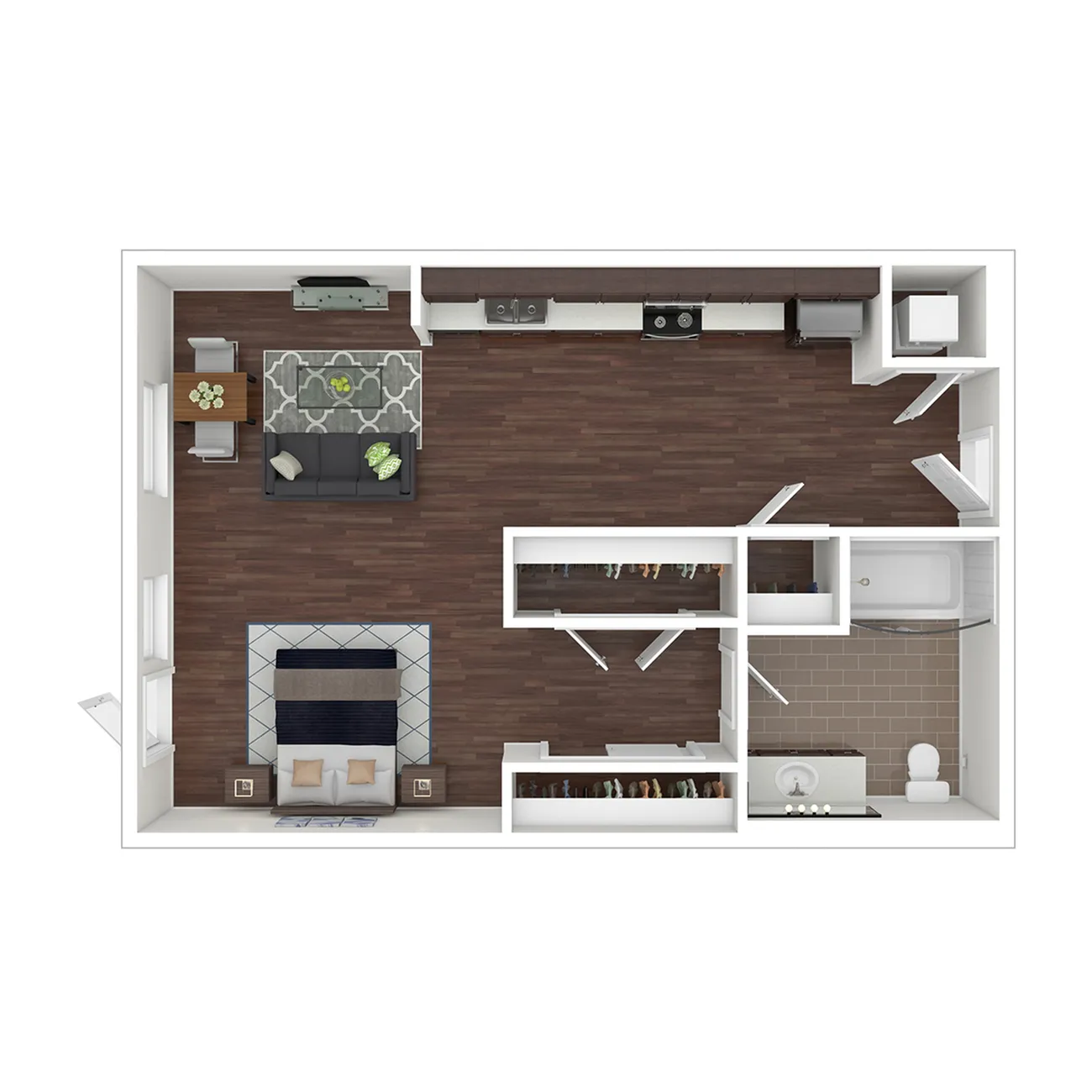 Modern 1 bedroom floor plan showcasing elegant living area, sleek kitchen, and contemporary bathroom, perfect for stylish living.