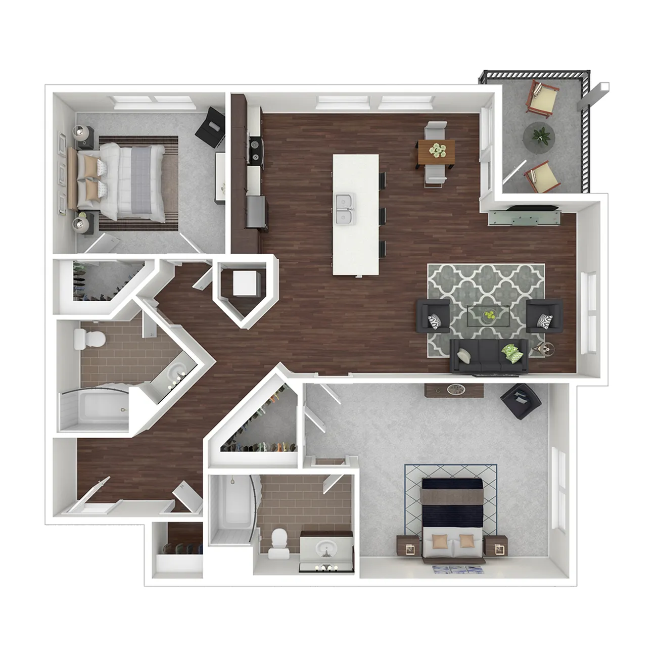 Contemporary 2D floor plan showcasing 2 bedrooms, an expansive living area, a modern kitchen with island, and a cozy balcony.