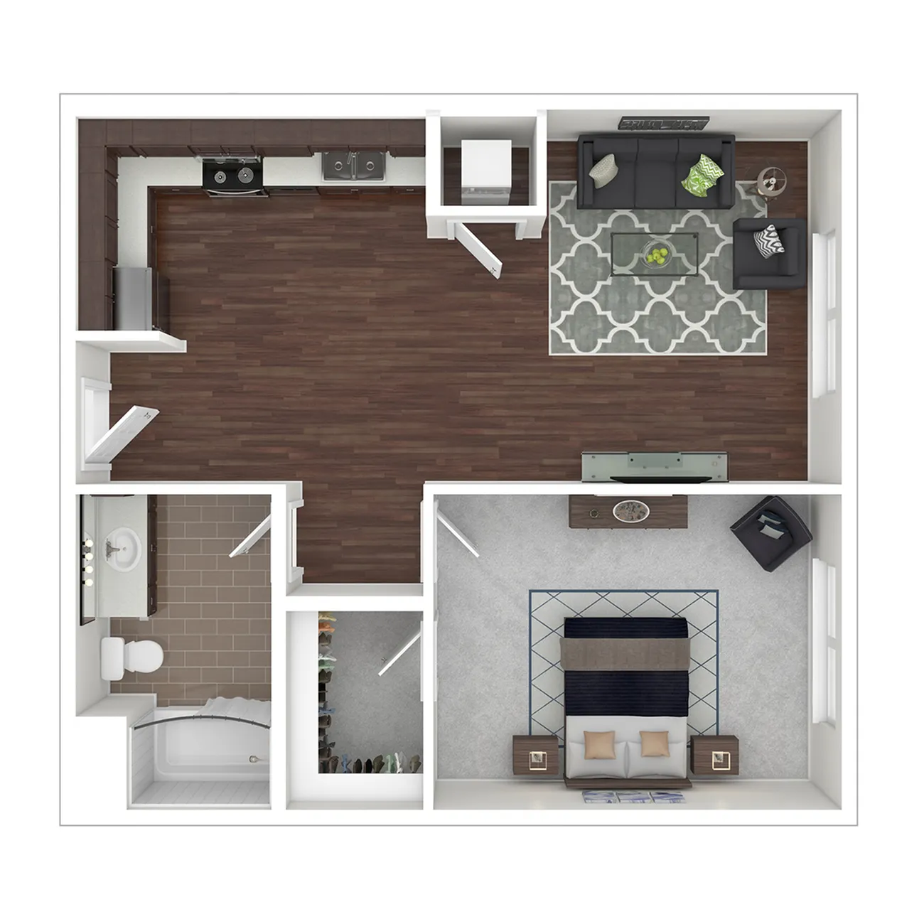 Sleek 1-bedroom apartment floor plan featuring open living area with modern kitchen, inviting lounge space, and elegant bathroom.