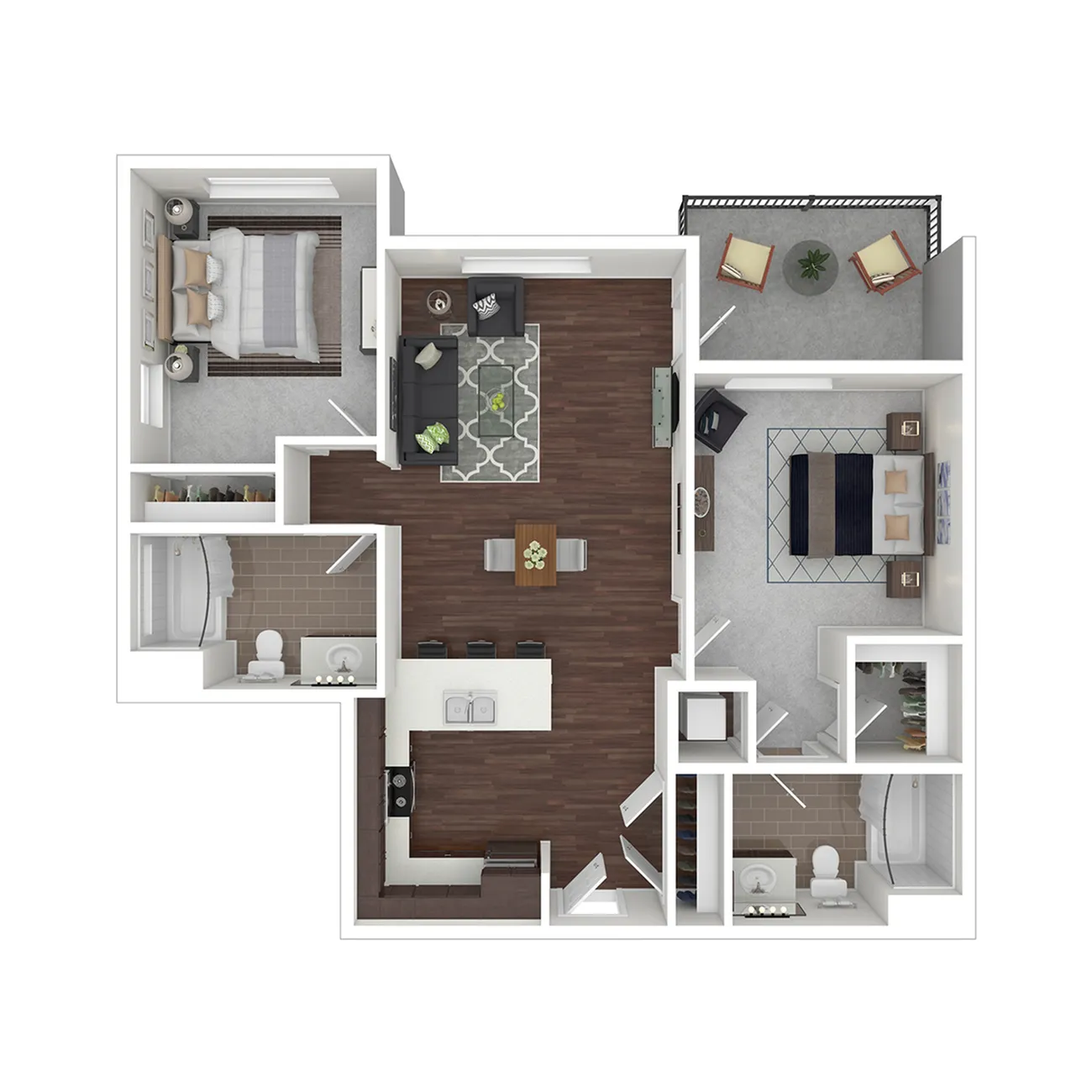 Modern 3D floor plan showcasing 2 bedrooms, elegant living room, gourmet kitchen, 2 sleek bathrooms, and a cozy balcony.