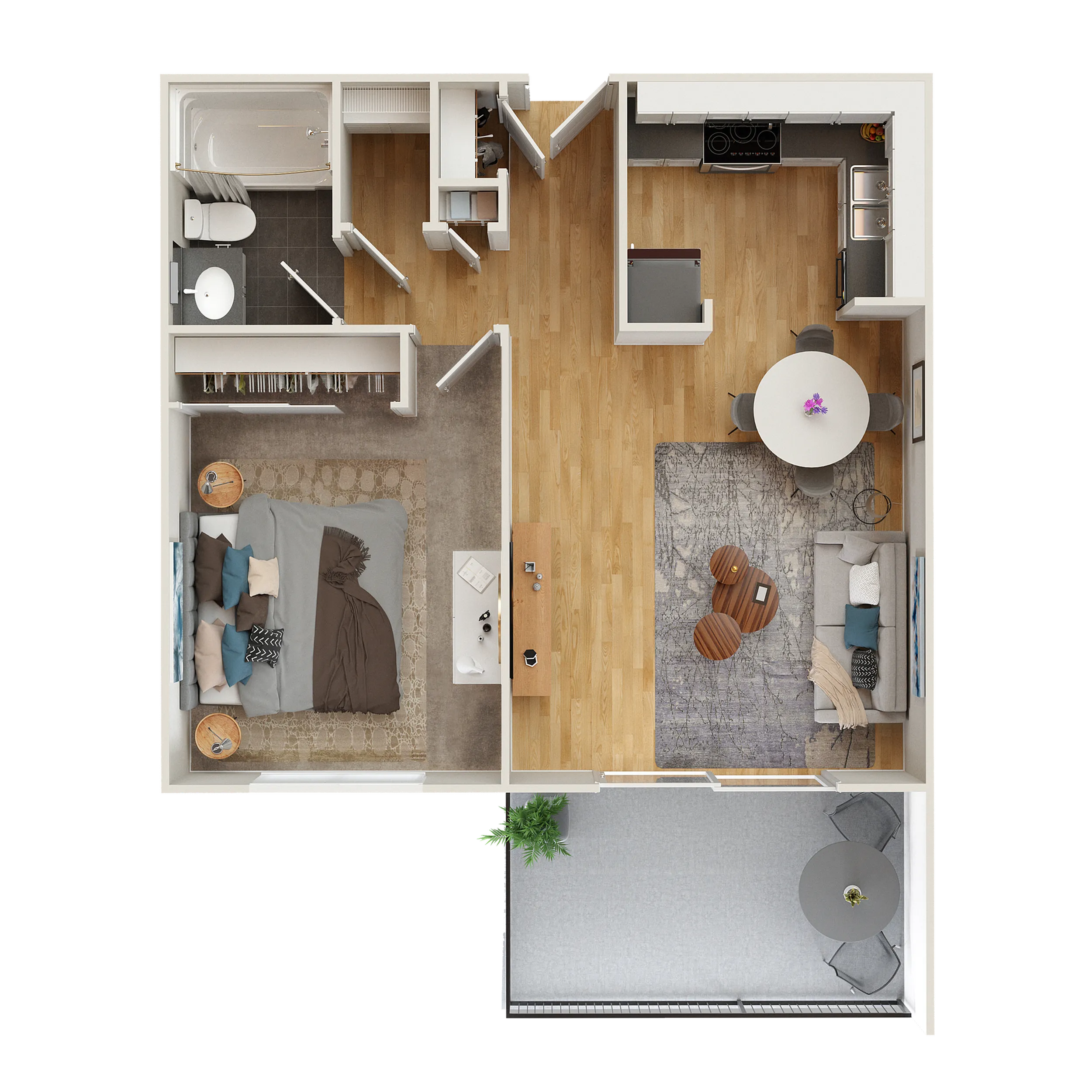 Modern 3D floor plan showcasing an open-concept living space with a cozy bedroom, stylish kitchen, and inviting living room, complete with a balcony offering fresh outdoor vibes.
