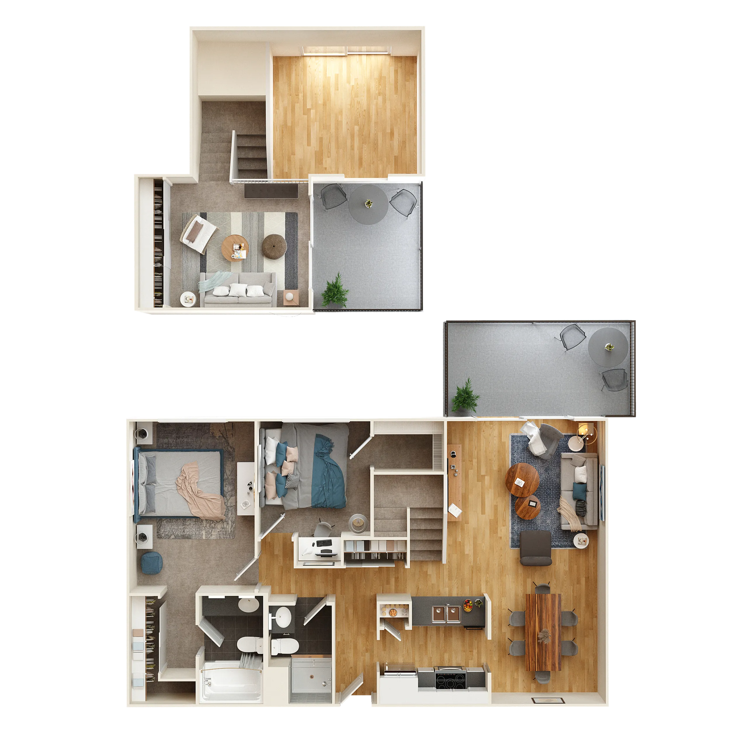 Elegant two-story floor plan featuring a cozy loft, two spacious bedrooms, open-concept living and dining area, modern kitchen, and a private balcony for relaxation.