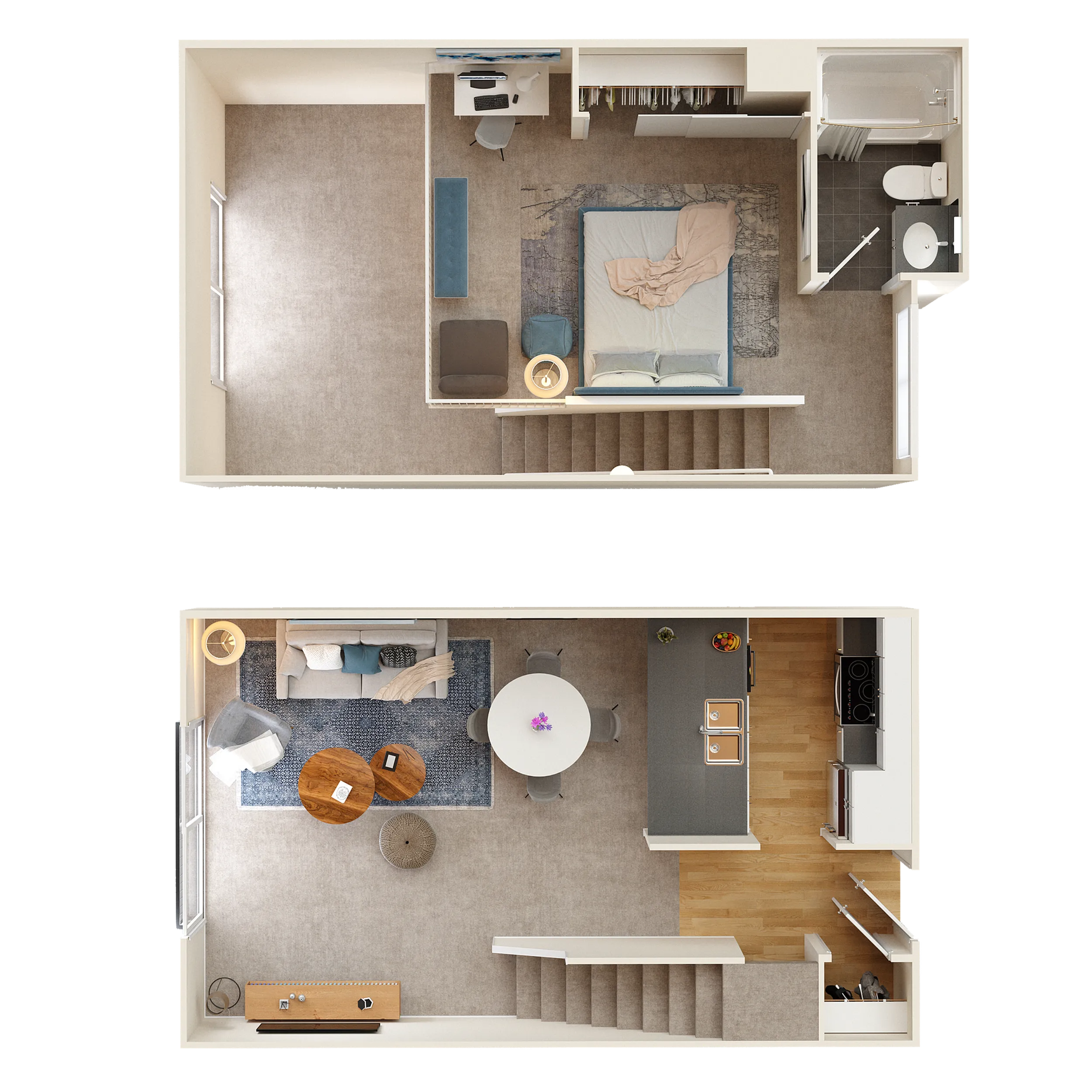 Modern two-level floor plan featuring a cozy bedroom, stylish bathroom, and open-concept living area with kitchen and dining on the lower level.