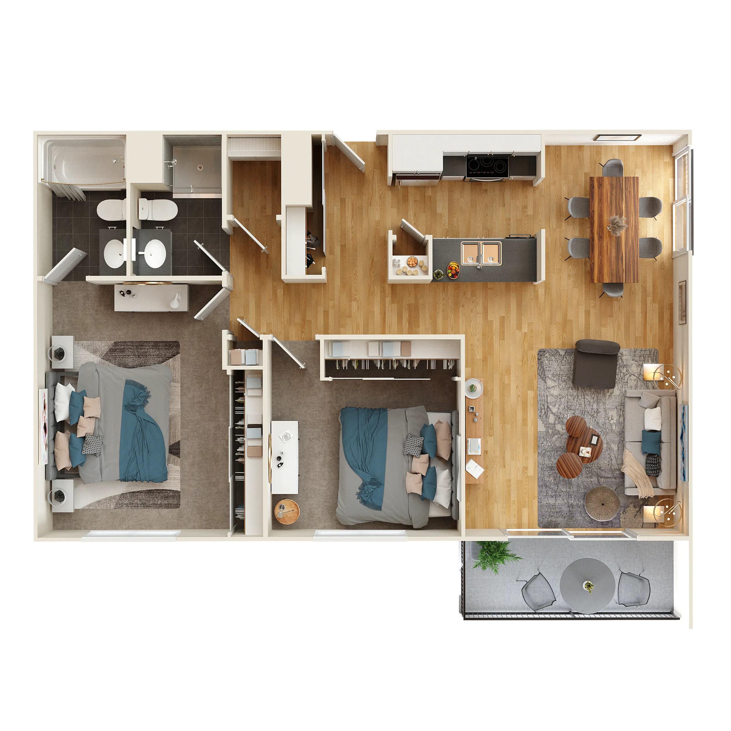 Chic apartment floor plan featuring 2 bedrooms, 2 bathrooms, open-concept living area, modern kitchen, and cozy dining space with wooden flooring.