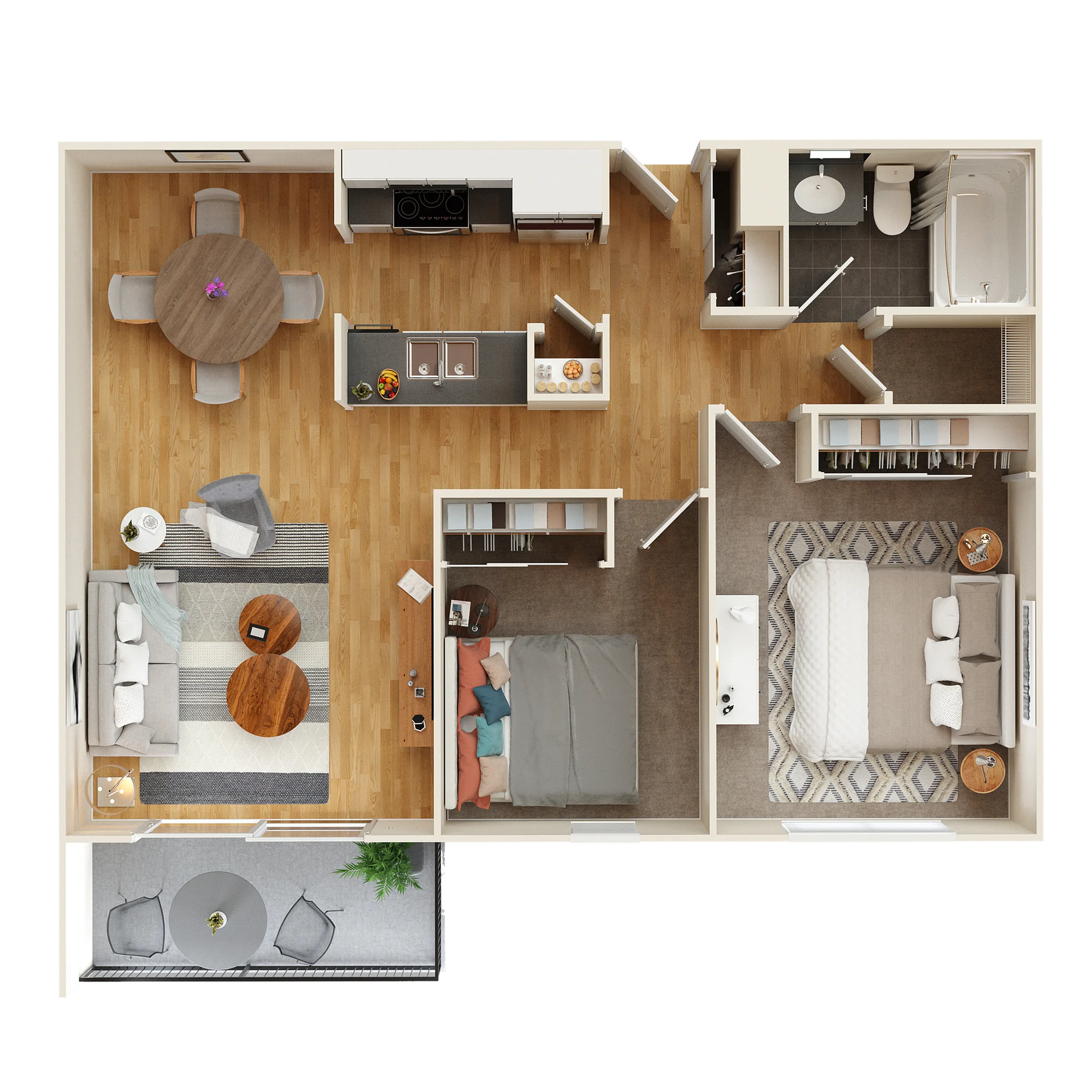 Modern 3D floor plan showcasing 2 bedrooms, a spacious living area, a contemporary kitchen, and a stylish balcony. Ideal for comfortable living.