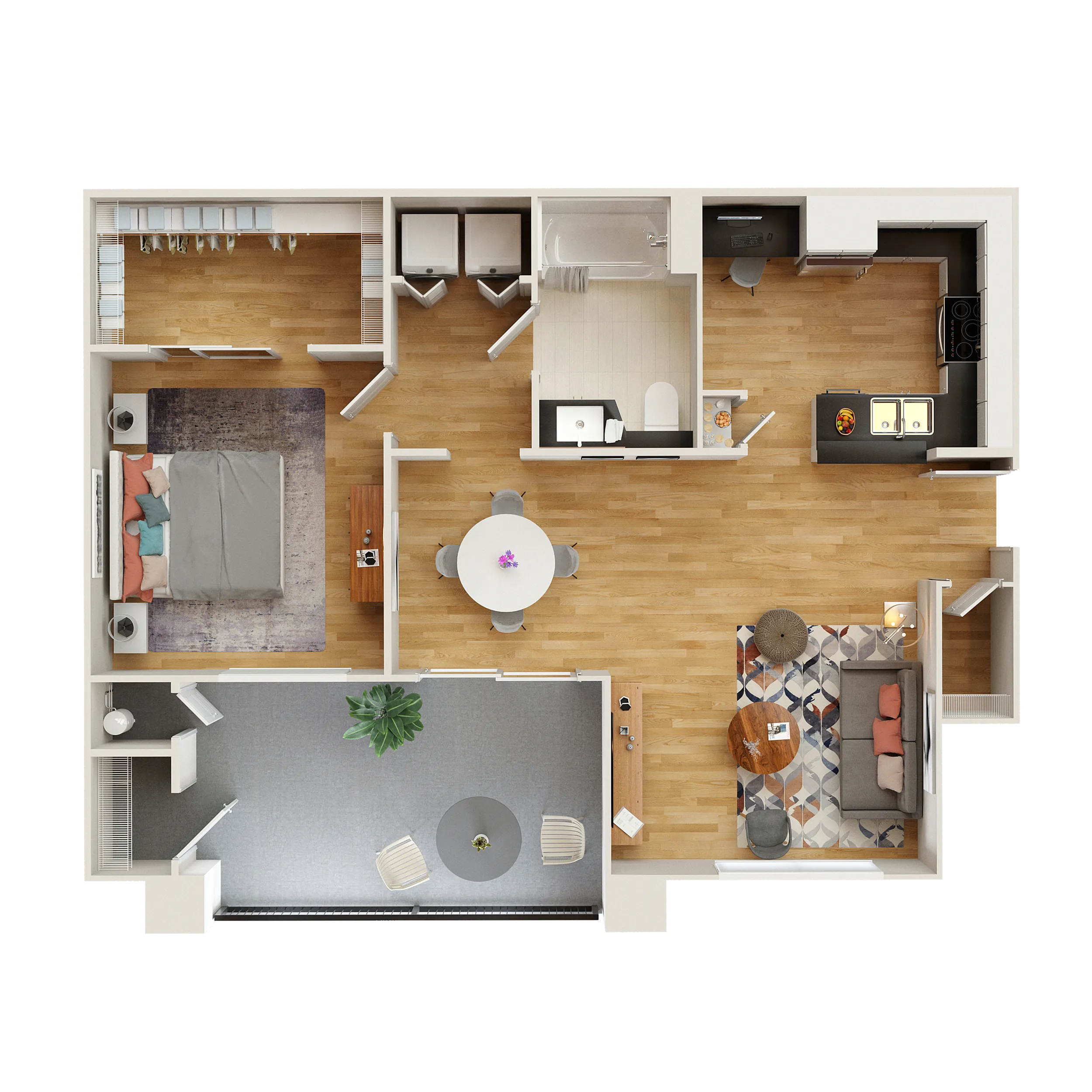 Modern 1-bedroom floor plan featuring an open-concept layout with a stylish kitchen, cozy living area, and spacious balcony.