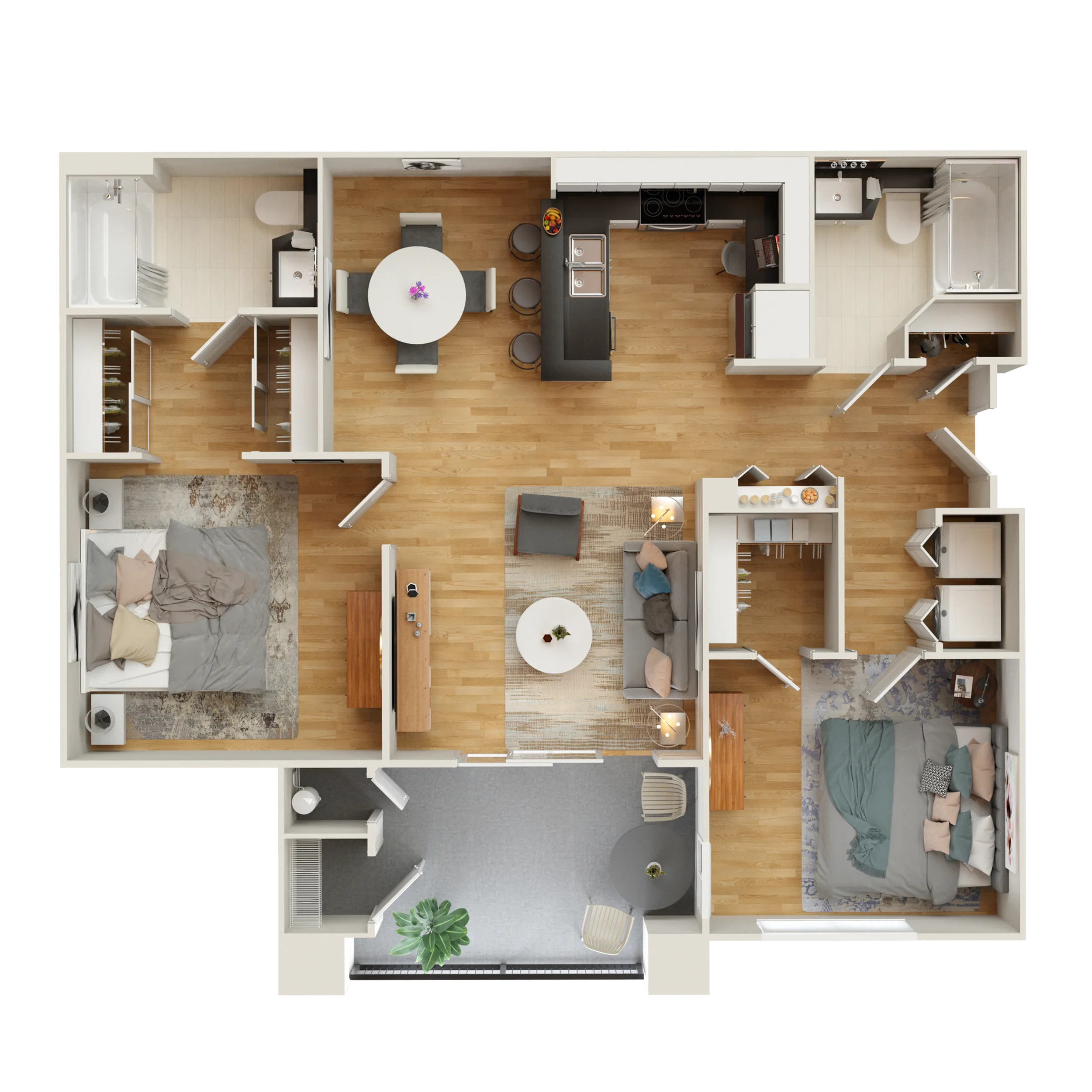 Modern apartment floor plan showcasing 2 cozy bedrooms, an open-concept kitchen, and a stylish living area with hardwood floors.