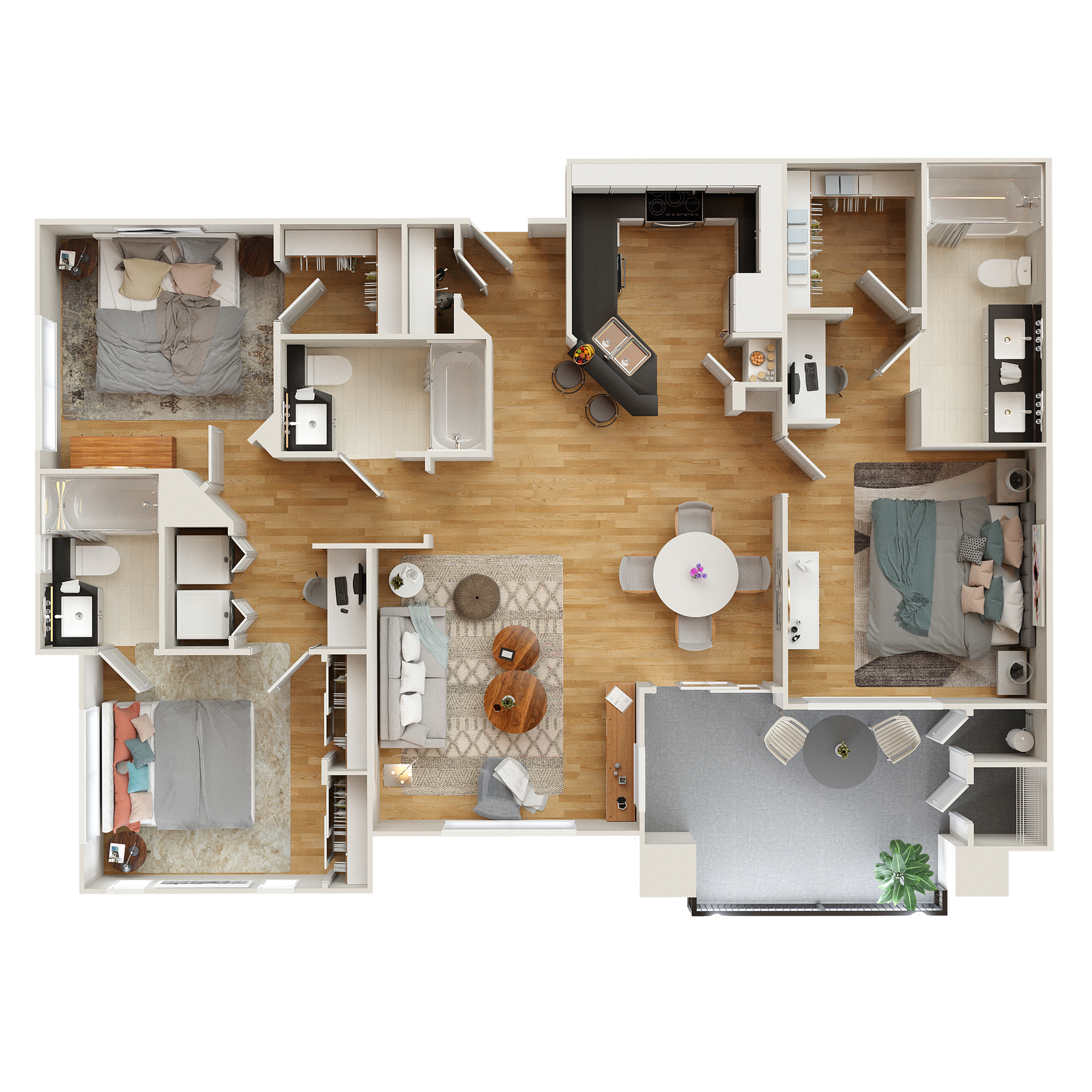 Elegant 3-bedroom floor plan with open-concept living and dining area, modern kitchen, and two bathrooms, perfect for family living.