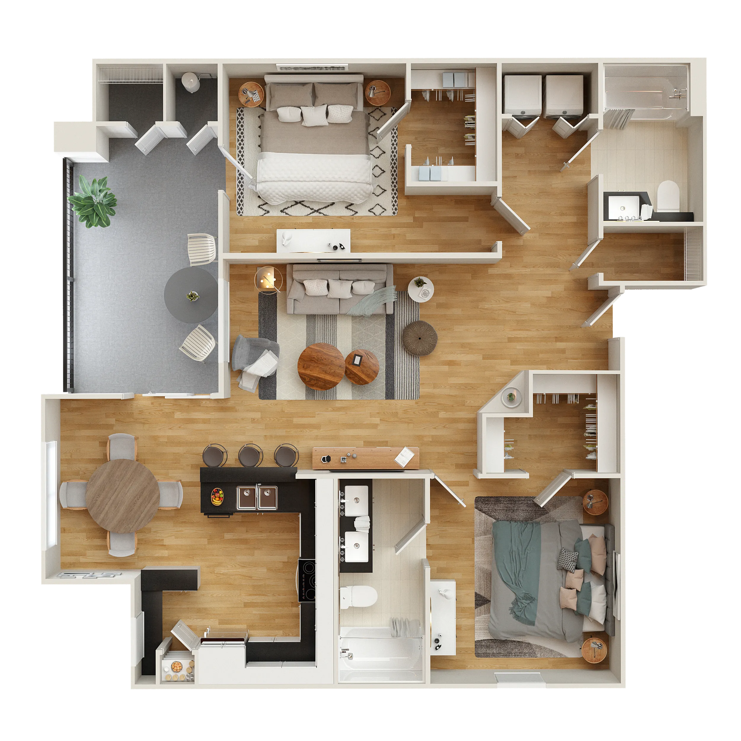 Spacious 3D floor plan featuring a luxurious bedroom, stylish living area, modern kitchen, and elegant dining space with private balcony.