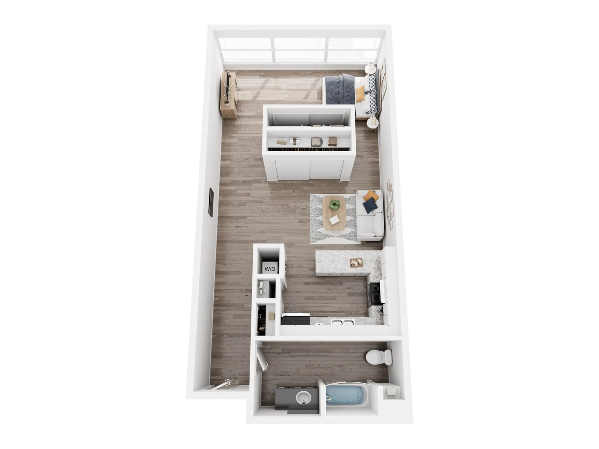Contemporary open-concept floor plan featuring a cozy bedroom, modern kitchen, inviting living area, and compact bathroom with in-unit washer and dryer.