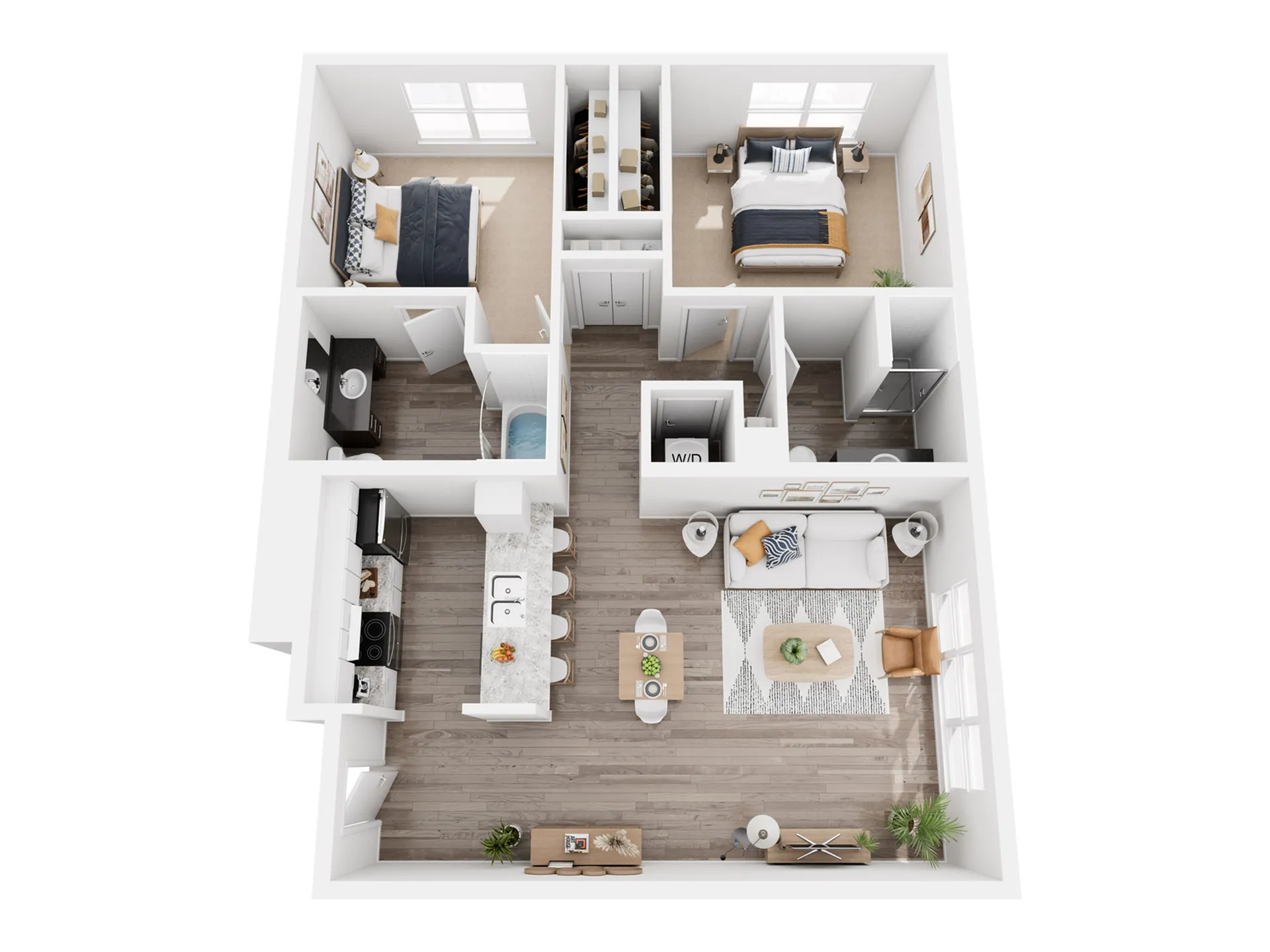 Modern 3D floor plan showcasing two cozy bedrooms, a sleek open-concept kitchen, and a stylish living area with natural light.
