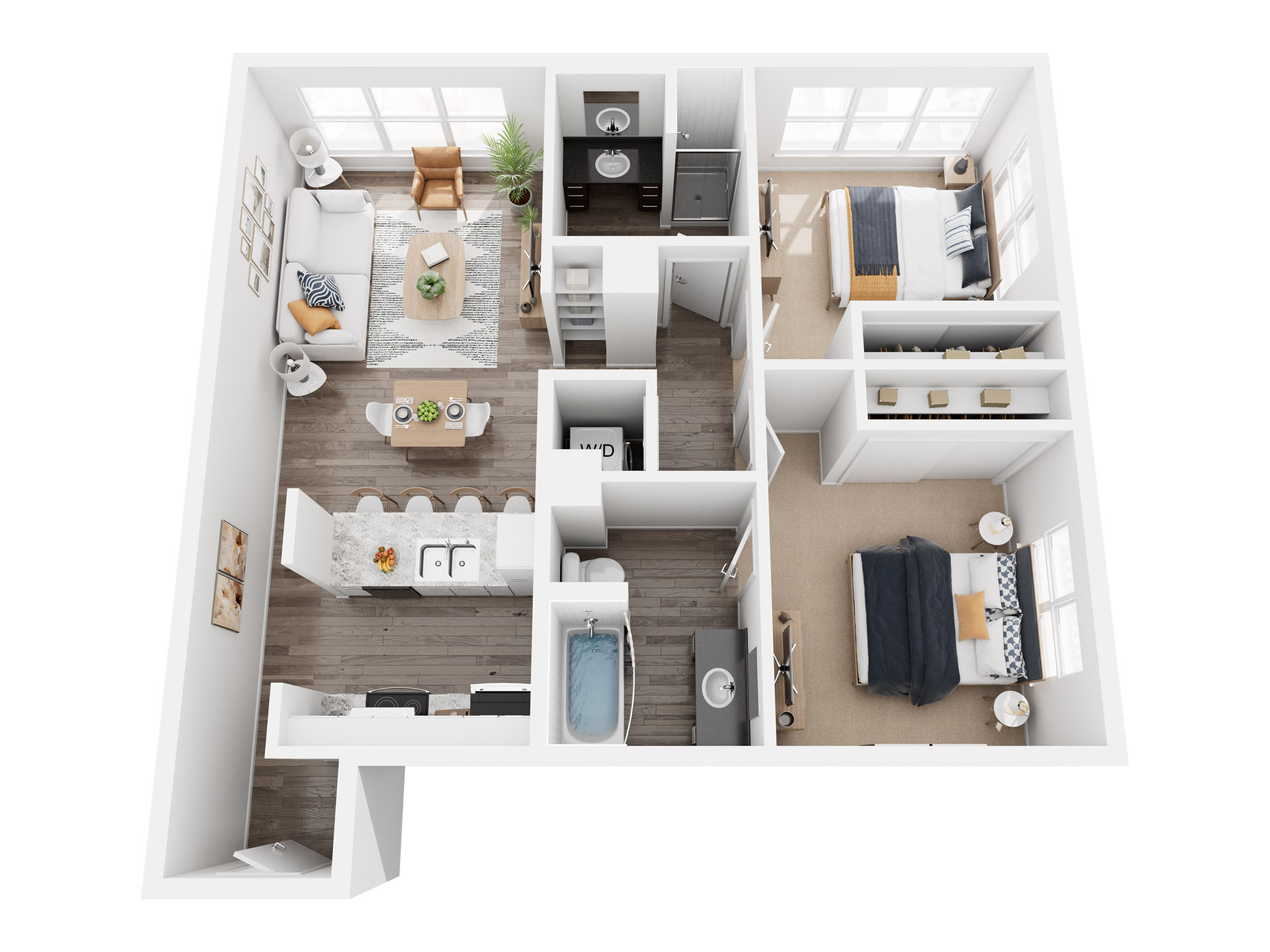 Modern 3D floor plan showcasing two spacious bedrooms, stylish open kitchen with island seating, elegant living area, and two well-appointed bathrooms.